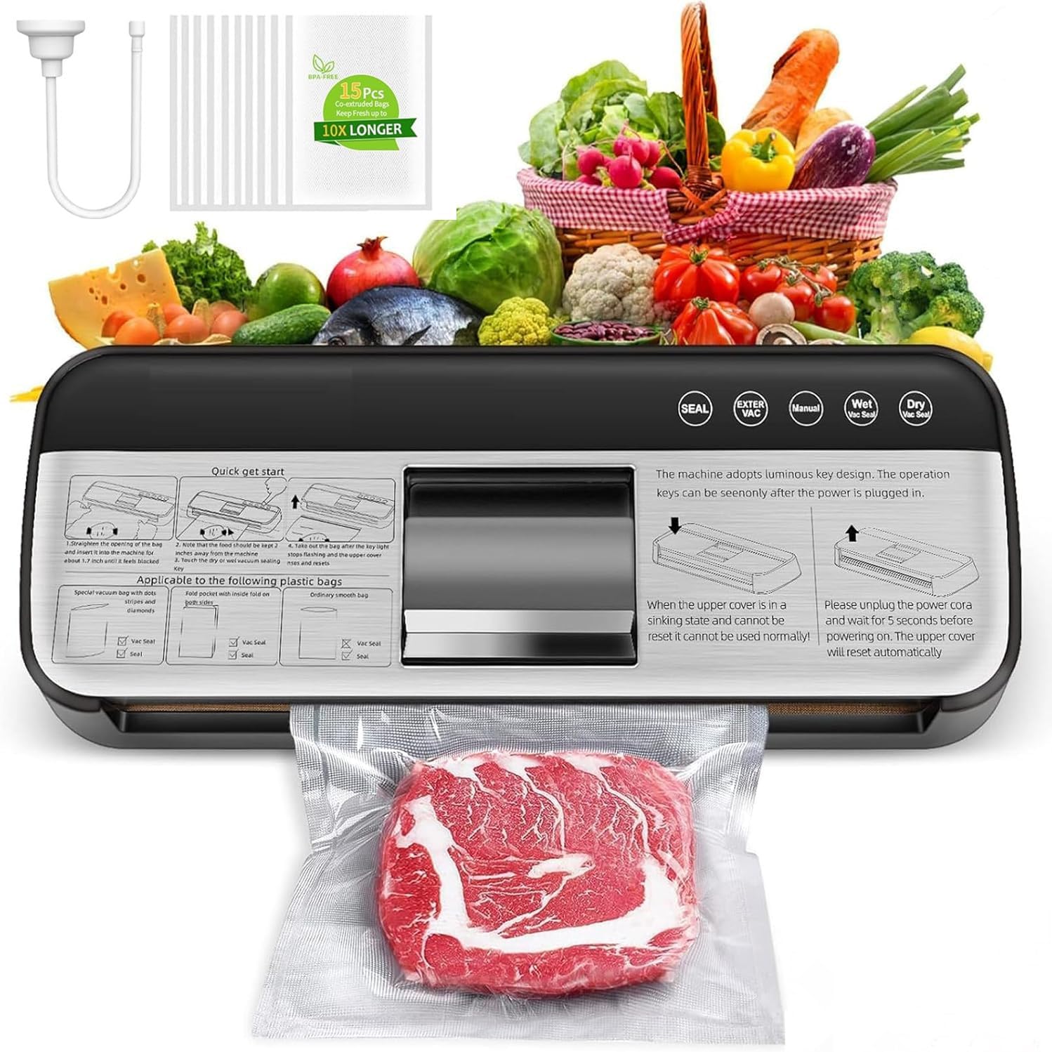 85KPa Vacuum Sealer Machine, One-Touch Automatic Food Sealer with 15 Bags, Dry\/Moist\/Seal\/Manual\/External Vac, 7MM Heating wire, Compact Easy-Clean for Food Storage and Sous Vide