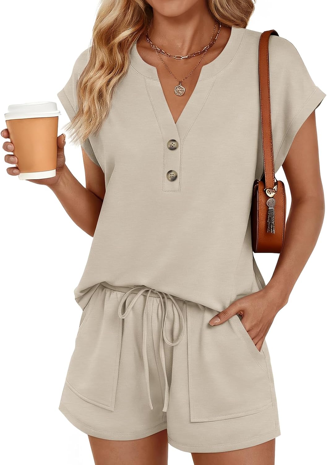 LILLUSORY 2 Piece Summer Set 2026 Henley Top &amp; Drawstring Shorts with Pockets