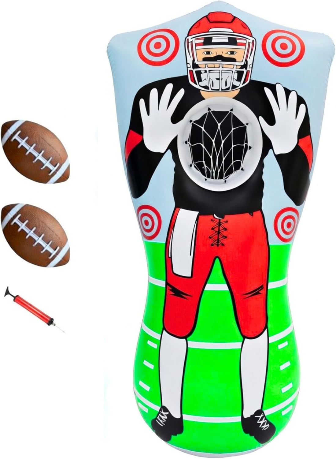 Preferred Toys 65\u201D Inflatable Football Target Net Toss Game - Double-Sided Throwing Practice Football Stuff with Mini Balls - Backyard Tailgate Party Sports Toy for Kids &amp; Adults
