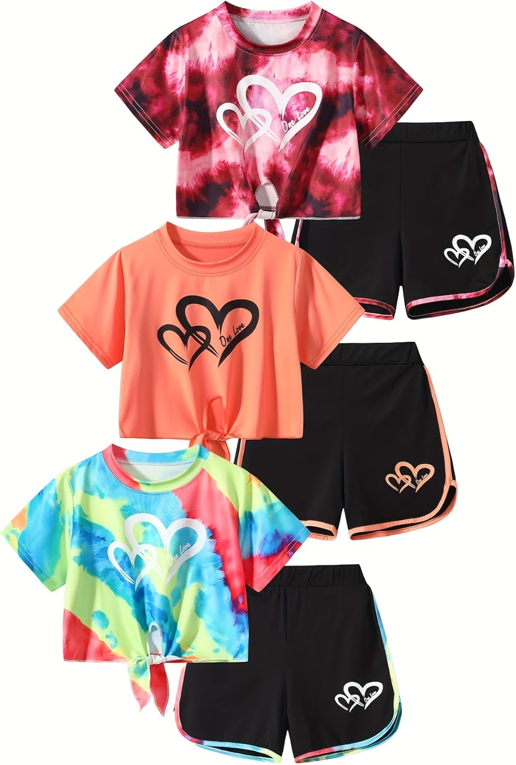 Fdqin Girls 6 Piece Outfits Letter Print Vacation Tee Top and Dolphin Shorts Tracksuit Sets for Kids Sports, Casual, Dance