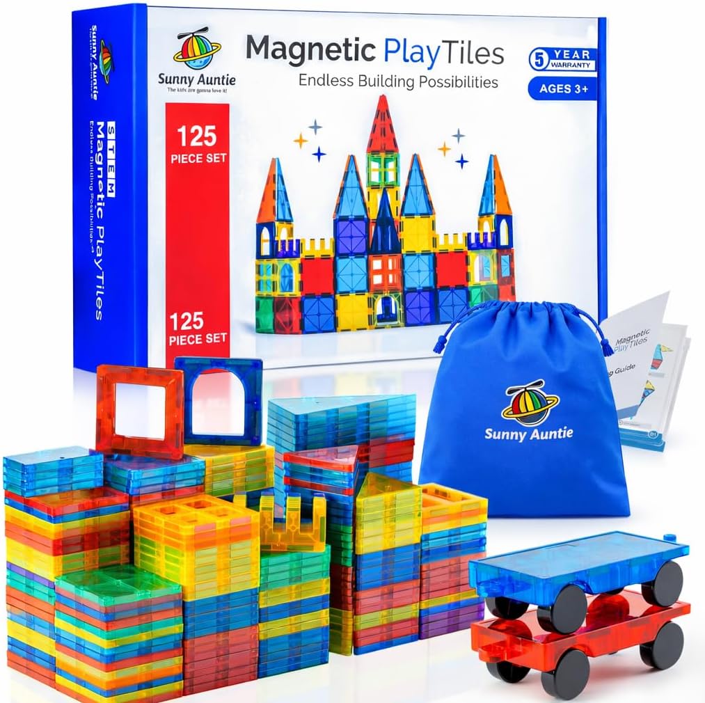 SUNNY AUNTIE Magnetic Tiles 125 PCS XL Set with Storage Bag \u2013 Magnetic Building Tiles for Kids Ages 3-8, STEM Magnet Construction Toy for Boys &amp; Girls