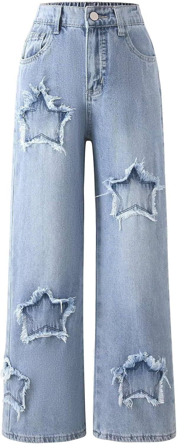 Yvmoruby Girls Jeans Y2K Elastic Waist Wide Leg Baggy Loose Denim Pants Kids Trousers Streetwear Washed