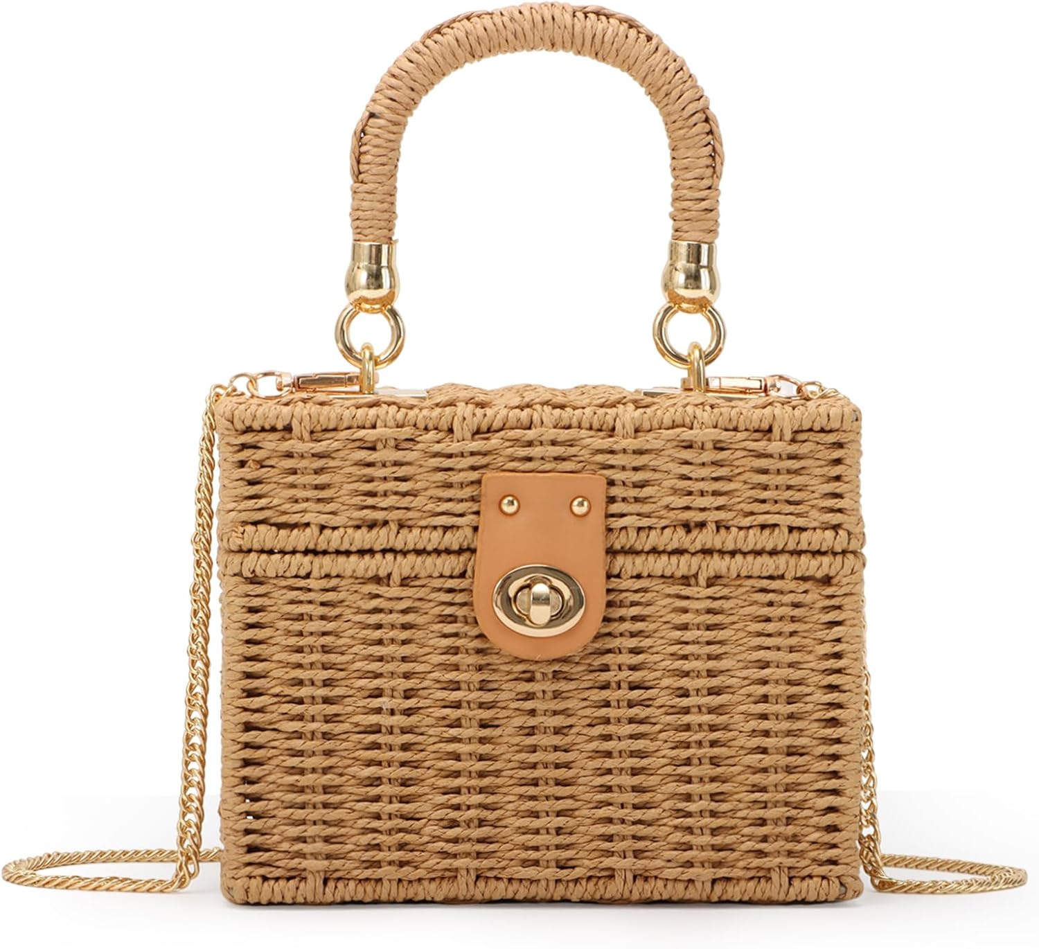 Fecialy Women Handwoven Rattan Handbag Beach Straw Tote Bag Square Boho Crossbody Bag