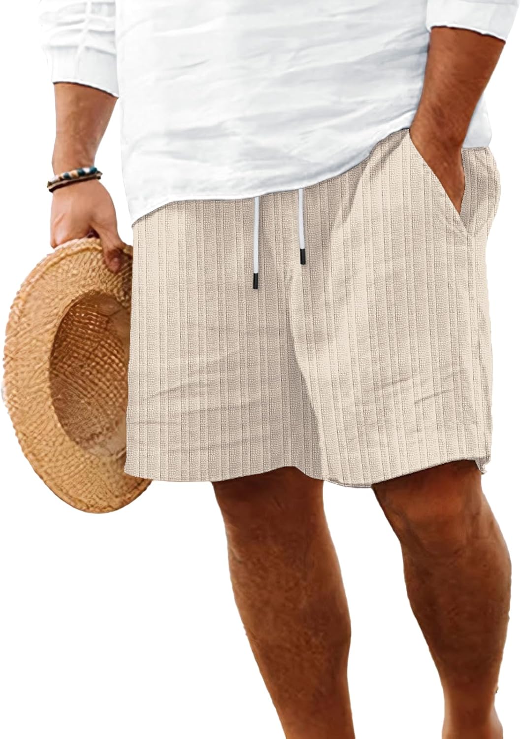 ROOMLINE Mens Linen Shorts Flat Front Casual Elastic Waist Drawstring Summer Beach Vacation Shorts with Pocket