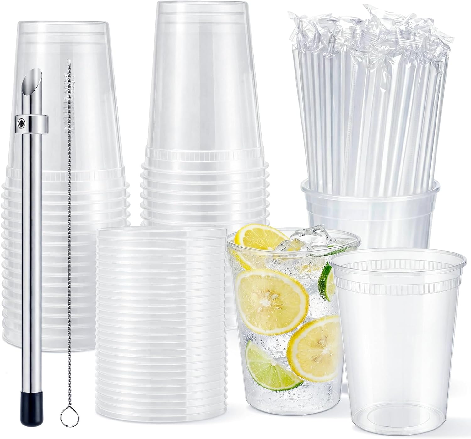 Acellegic 50 Set Lemonade Stand Supplies with Leak-proof 32oz Plastic Cups &amp; Lids, Straws, Straw Hole Puncher - for Outdoor Drink Stall, Summer Party &amp; Fast Food Business, Concession Business