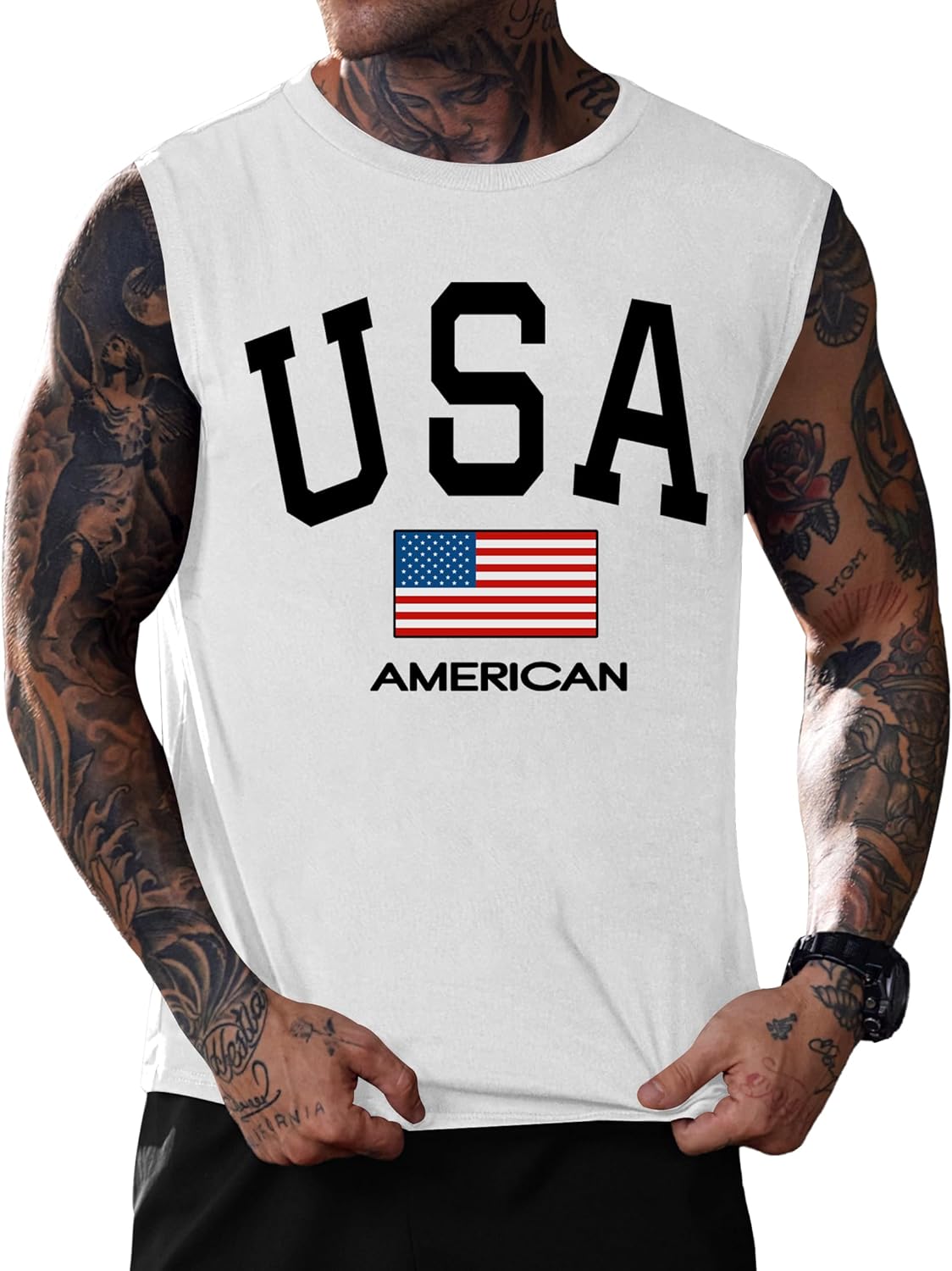 Mainfini Men American Flag Tank Top Muscle Graphic Gym Workout USA Sleeveless Tee Shirts (S-3XL)