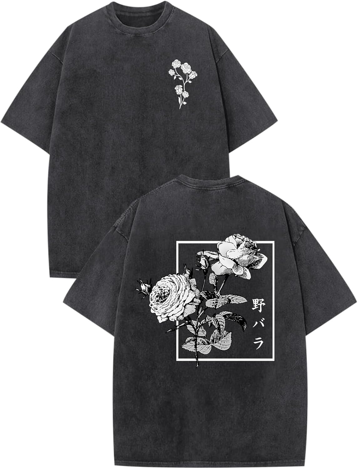 Hiehiety Japanese Graphic Tees for Men Harajuku Rose Flower Floral Shirts Cool Vintage Oversized Streetwear Acid Wash Tops