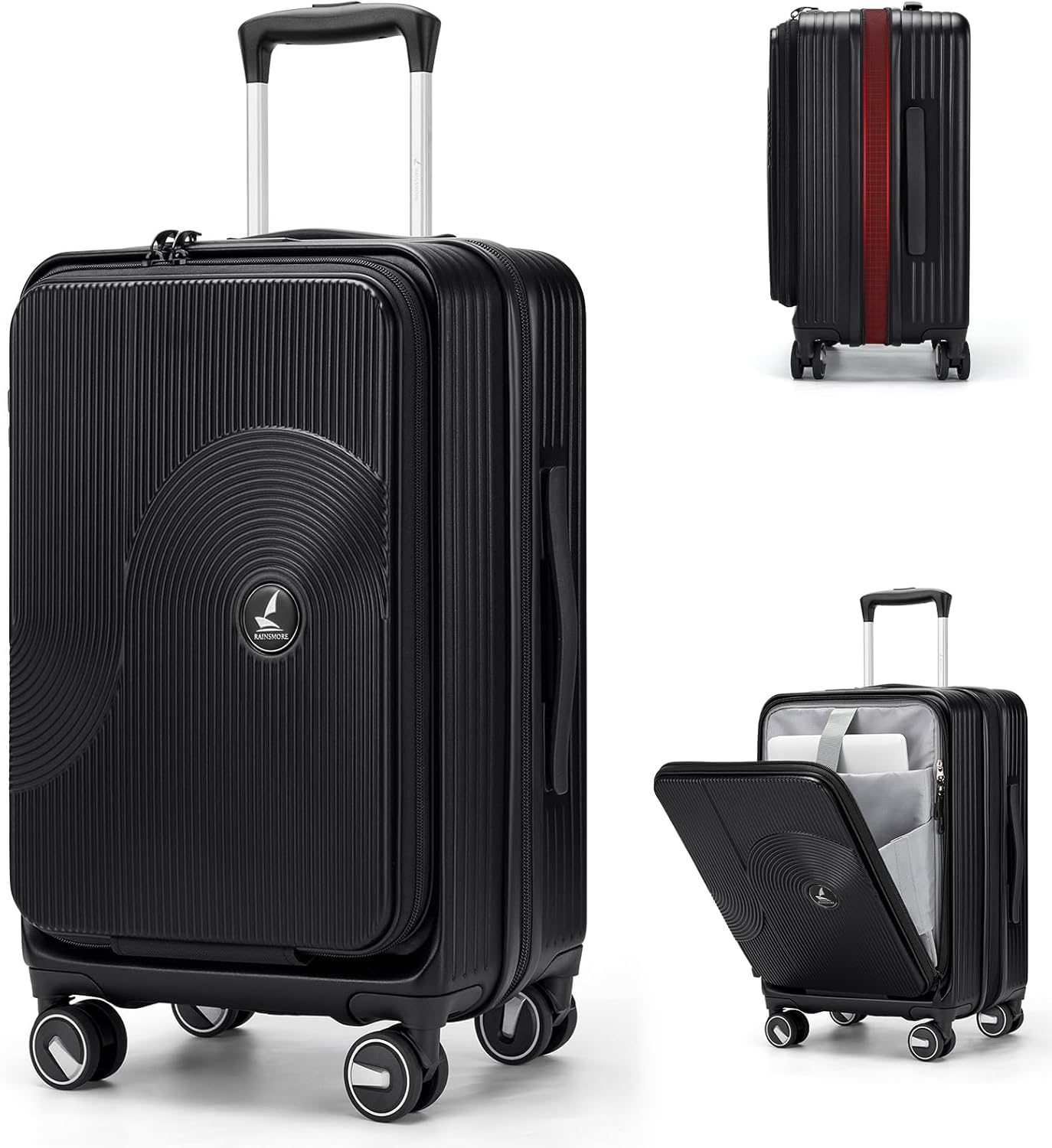RAINSMORE Carry on Luggage 20 Inch Expandable, Airline Approved Carry on Suitcase with Front Compartment &amp; Top Opening Hard Shell Rolling Travel Luggage with TSA Lock &amp; Spinner Wheels, Black