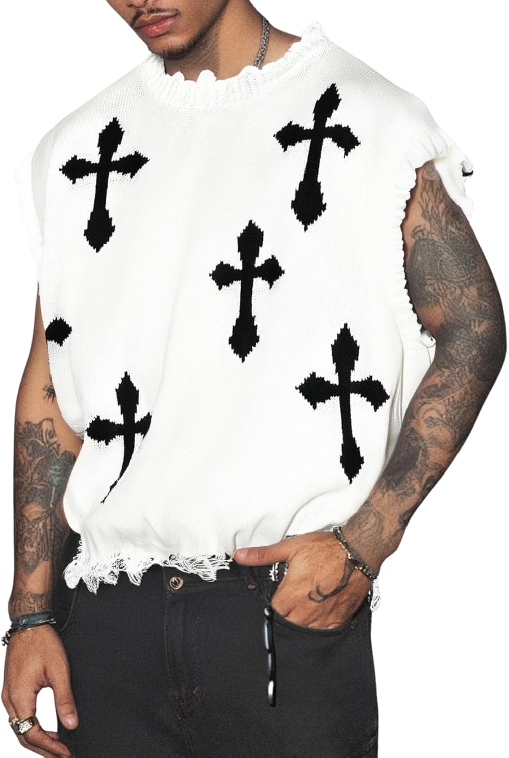 Verdusa Men's Cross Print Sweater Vest Y2k Ripped Sweaters Rave Sleeveless Knit Tops Streetwear Concert Outfits