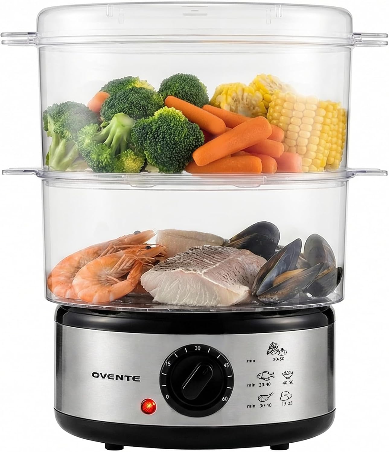 OVENTE 2-Tier Electric Food Steamer, 5 Quart Stainless Steel Stackable Steam Cooker with 400W Power, 60-Minute Timer &amp; Auto Shut-Off, Dishwasher Safe, Healthy Vegetable &amp; Seafood Steamer, Silv