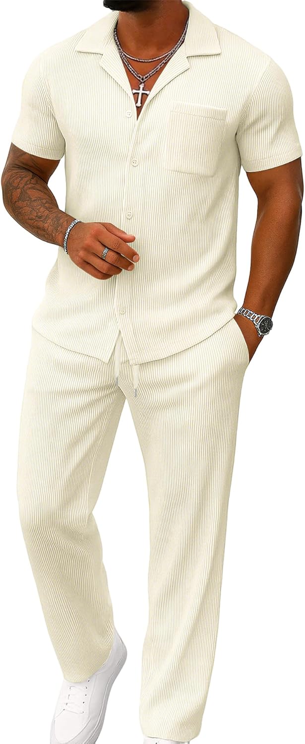 UOUA Mens Summer 2 Piece Set Casual Outfits Button Short Sleeve Shirt &amp; Loose Pants Textured Striped Tracksuit Walking Suits