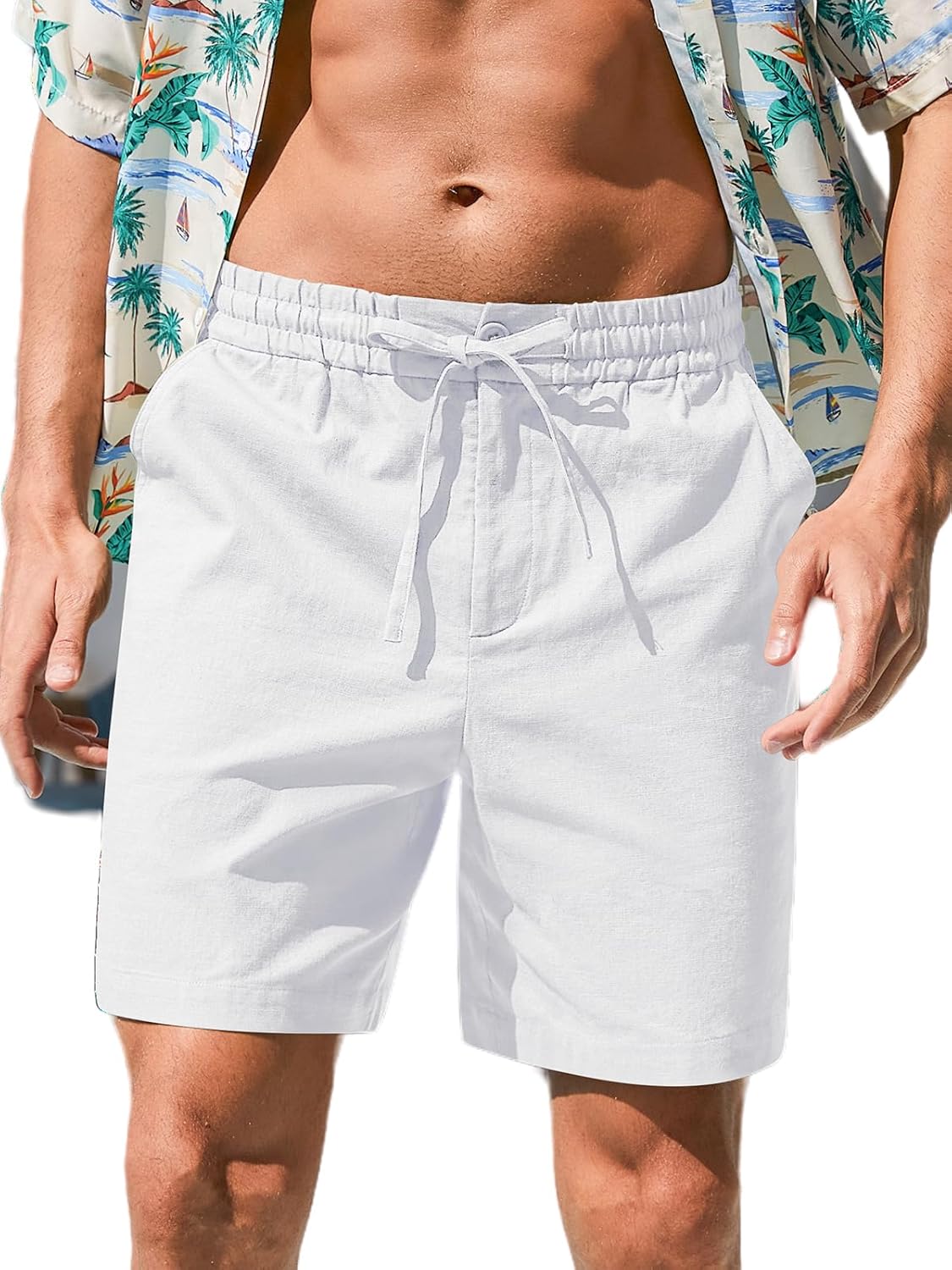 RQP Mens Cotton Linen Shorts Casual Drawstring 7inch Inseam Shorts Stretch Summer Beach Wear