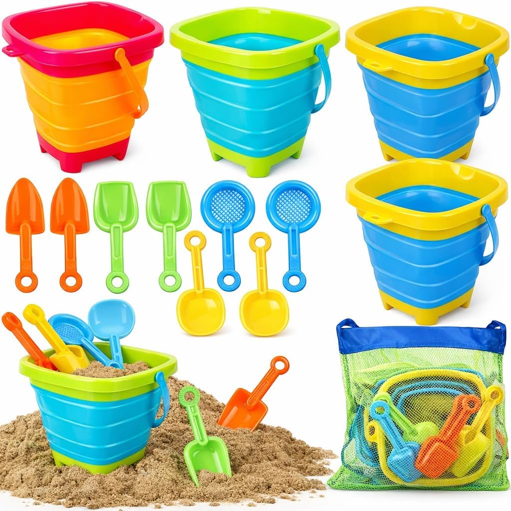TOY Life Collapsible Beach Toys for Kids with 4 Silicone Collapsible Sand Buckets &amp; 8 Shovels &amp; Mesh Bag, Travel Beach Essentials for Kids Sand Toys Toddlers, Sandbox Toys for Boys Girls Ages 