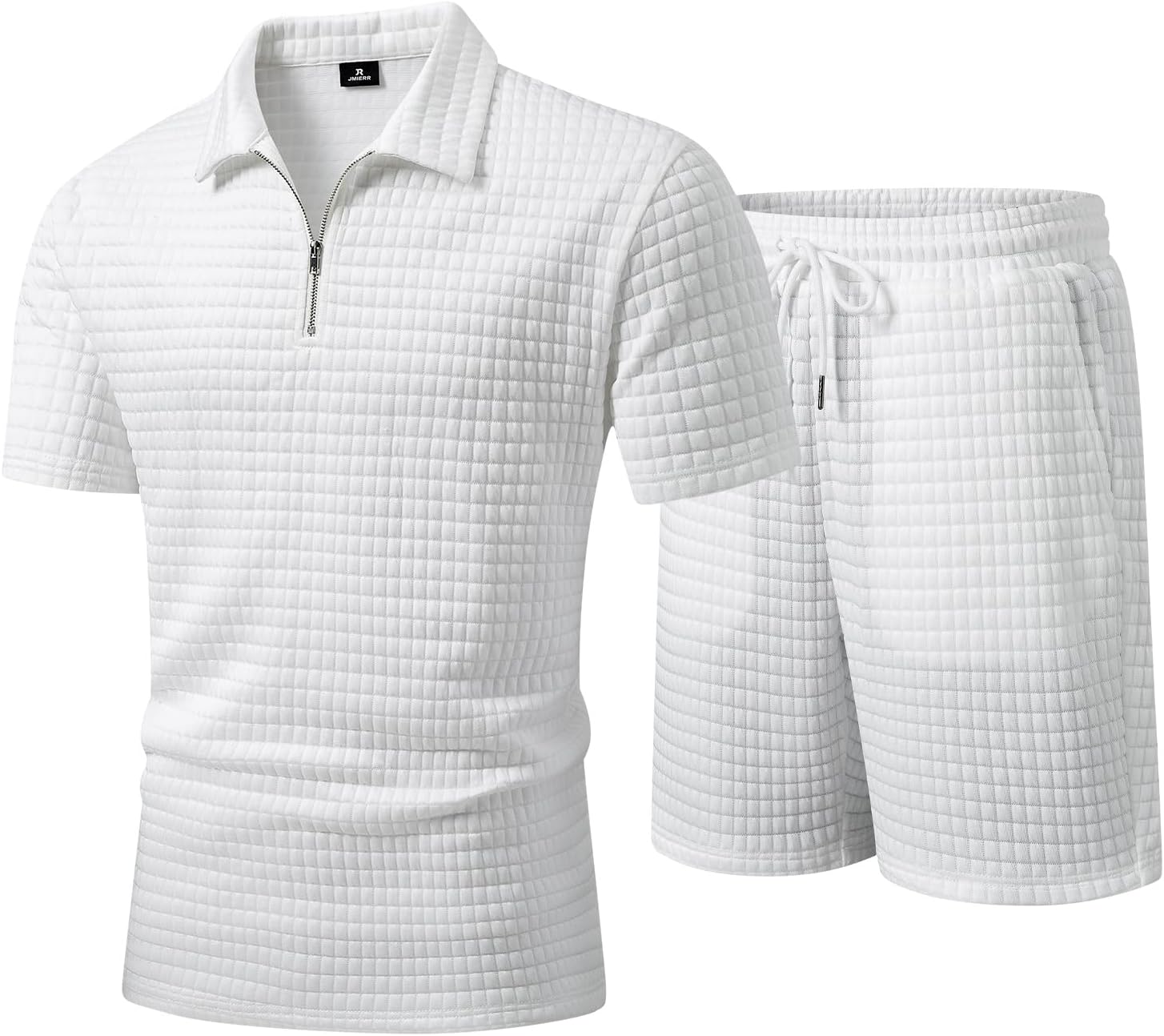 JMIERR Men's 2 Piece Waffle Knit Outfit Half Zip Polo Shirt and Shorts Textured Summer Set