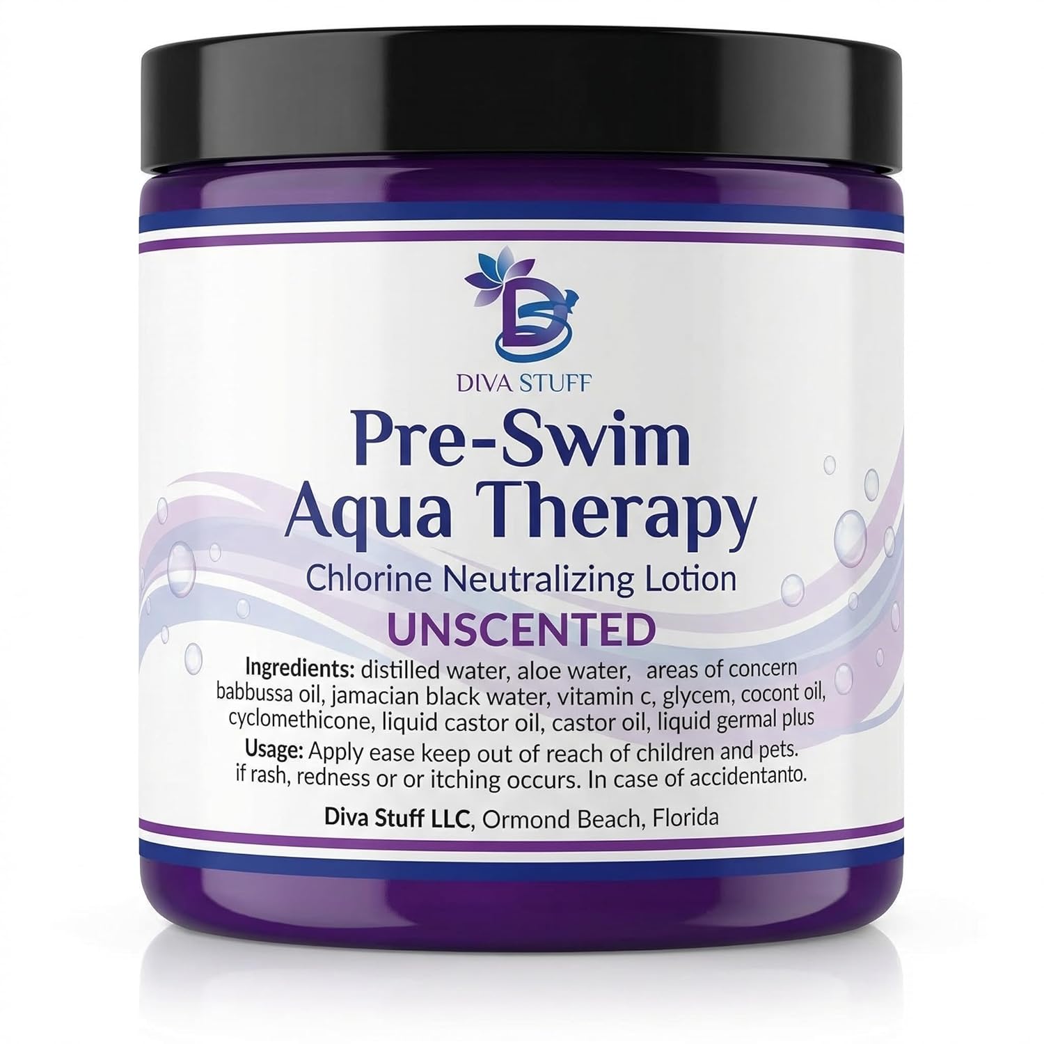 Diva Stuff Pre-Swim Aqua Therapy Chlorine Neutralizing Body Moisturizing Lotion for Swimmers, Protects Skin from Chlorine &amp; Salt Water, 8 oz - Made in the USA, Unscented