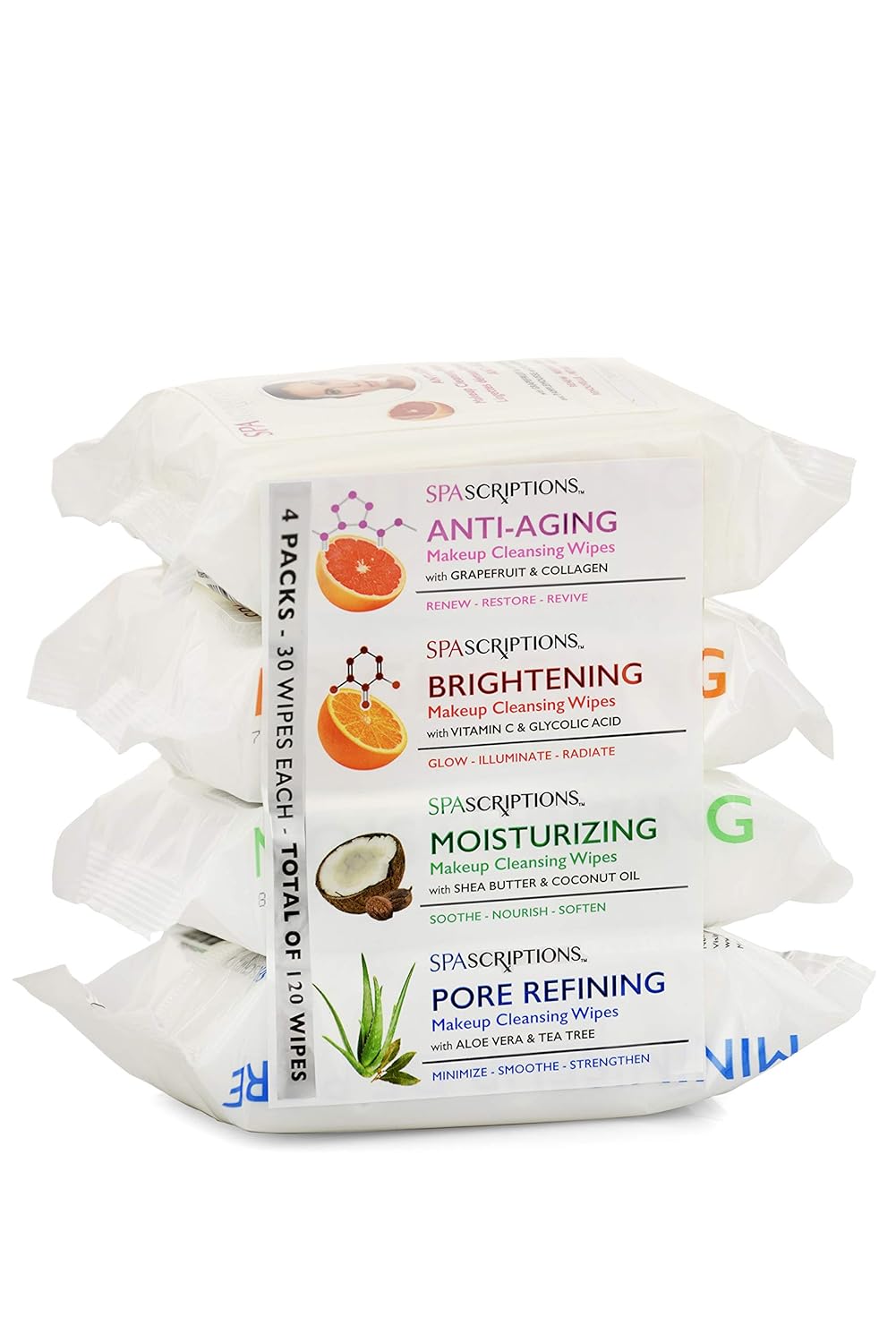 Spascriptions™ Anti-Aging, Brightening, Moisturizing &amp; Pore Refining Towelettes Removes Waterproof Makeup, Revives with Collagen, Vitamin C, Coconut Oil, and Aloe Hypoallergenic, 120 Ct. 4 Pack