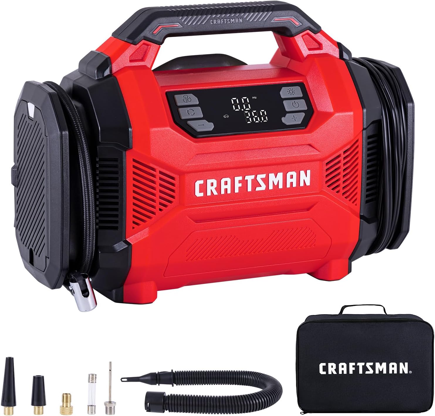 CRAFTSMAN Dual Power Tire Inflator with Digital Gauge &amp; Auto Shut-Off | 12V DC Car Plug and 120V AC Home Use with Up to 150 PSI, LED Light, Portable Air Pump for Car Tires, Bikes and Inflatables