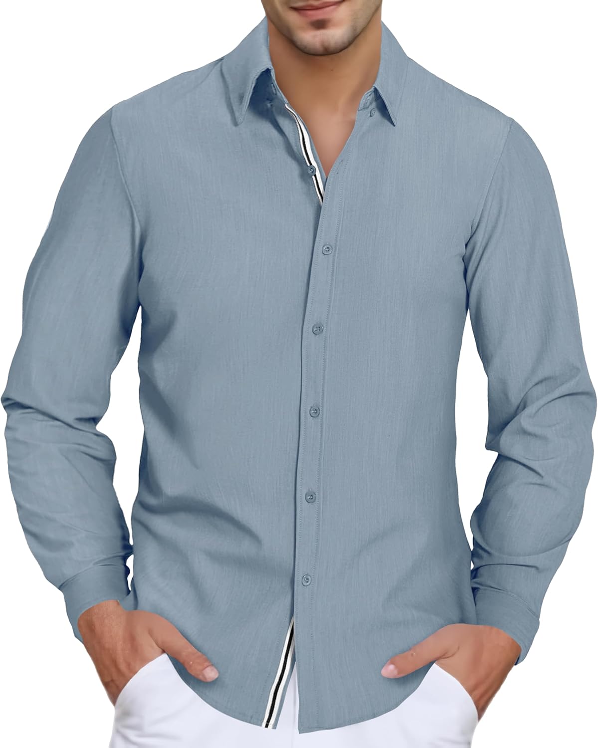 Hrbtens Men's Stretch Denim Dress Shirt Long Sleeve Casual Button Down Everyday Shirts Fall Winter Wedding Shirts