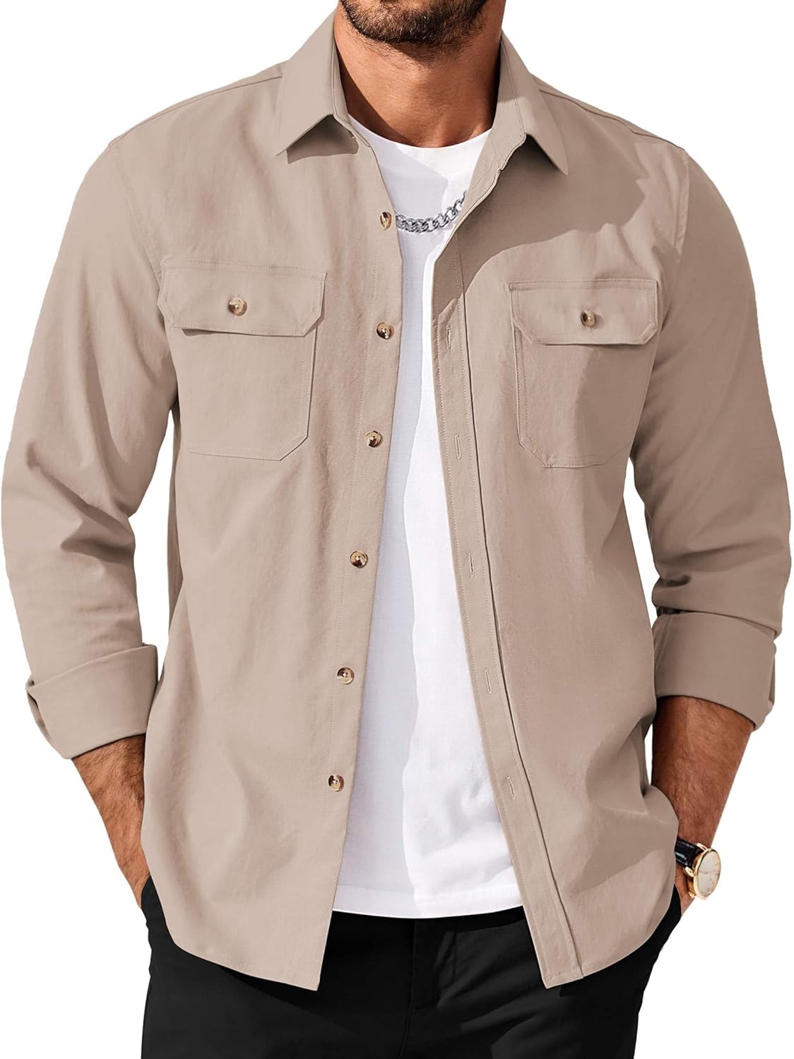 COOFANDY Men's Long Sleeve Button Up Shirt Jacket with Flap Pockets
