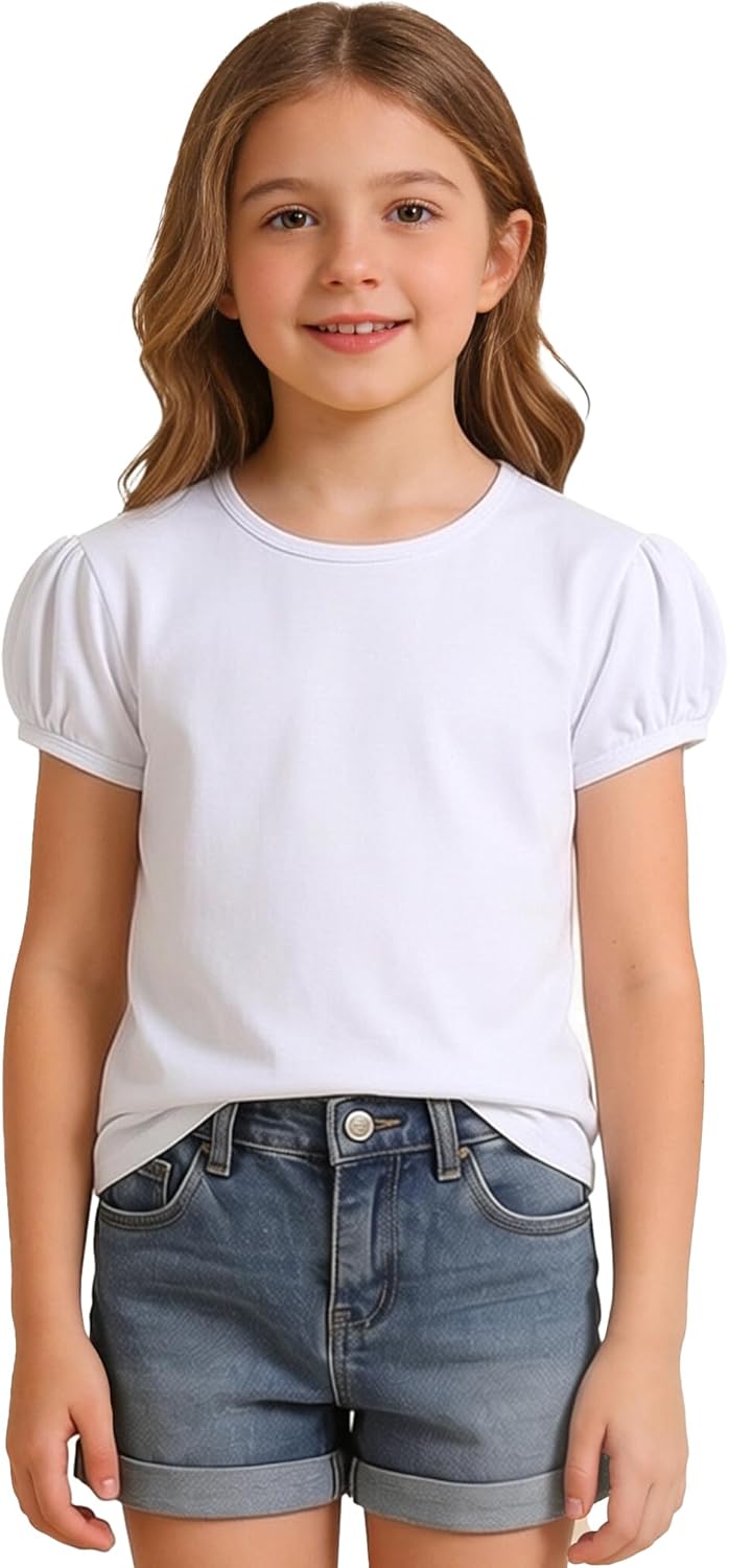 Yilook Girls Short Puff Sleeve T-Shirt Toddler Summer Basic Round Neck Cotton Tops Kids Fashion Tee Blouse for 2T-12 Years