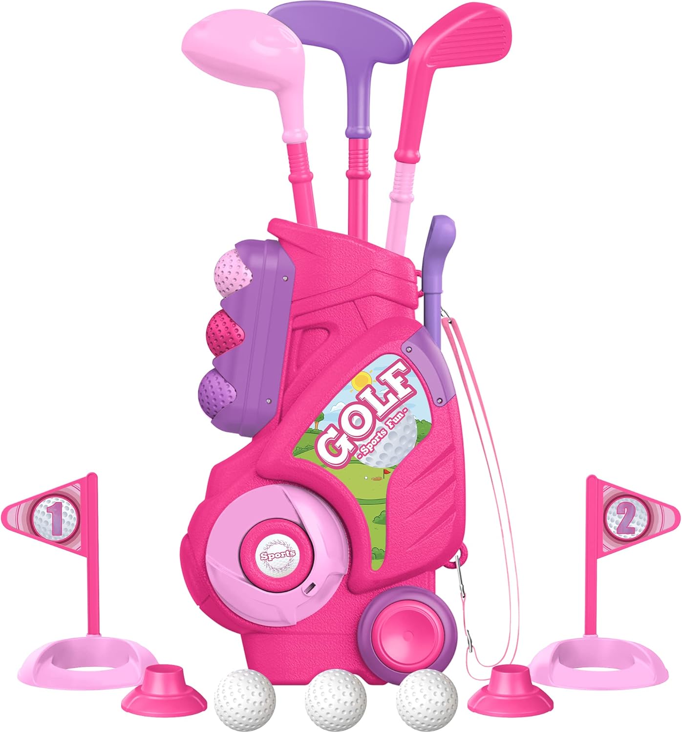 Liberry Toddler Golf Set for 2 3 4 Years Old, Upgraded Kids Golf Cart with Unique Shoulder Strap Design, Indoor and Outdoor Golf Toys Gifts for Girls Boys (Pink)
