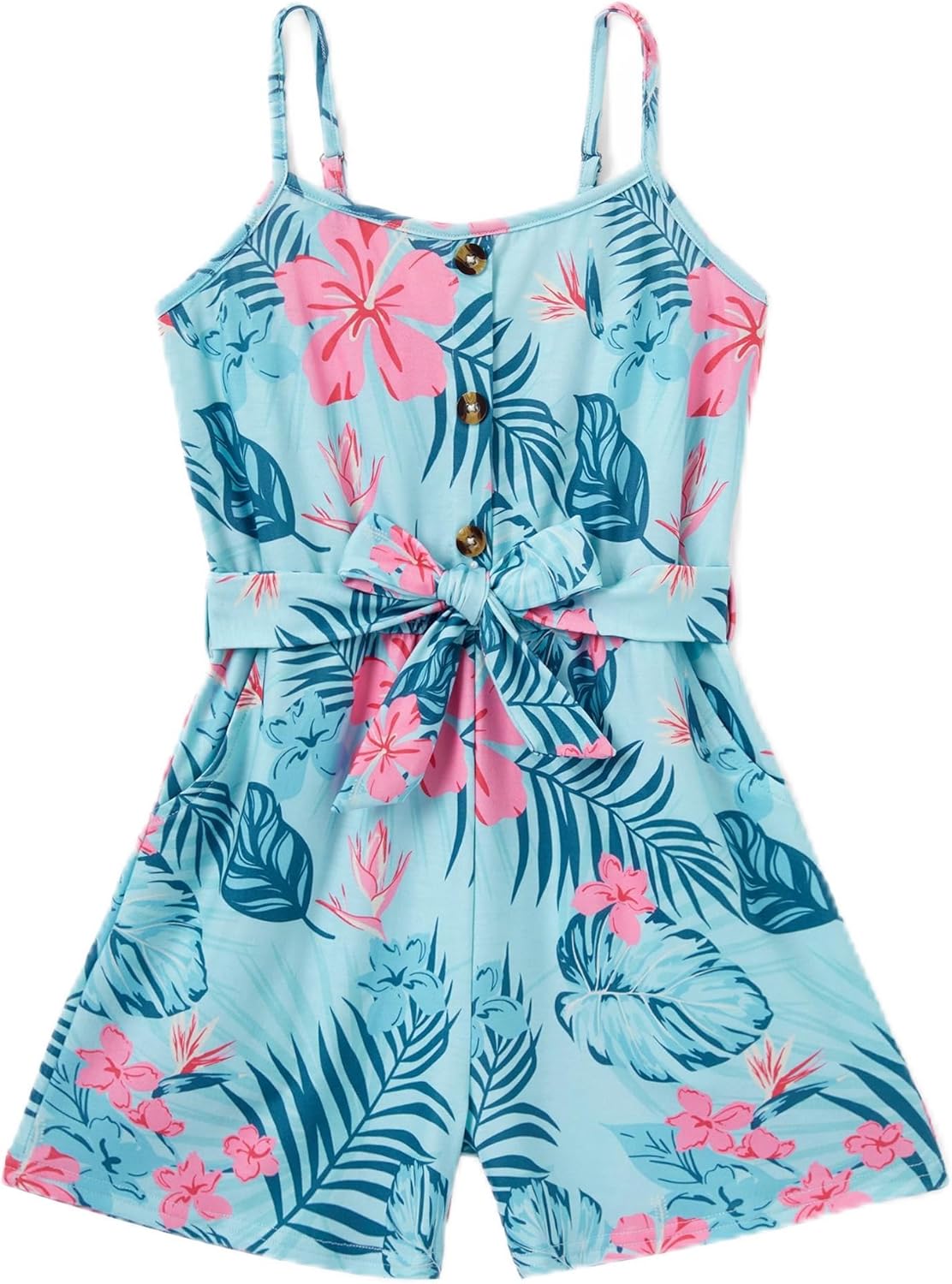 PATPAT Girls Summer Rompers with Pockets 5-14 Years Cami Spaghetti Strap Hawaiian Romper with Belt