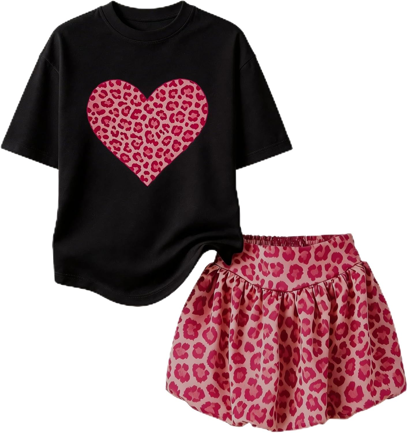 Svreeyer Girls Clothes 2 Piece Summer Shirred Skirt Sets Leopard print Bubble skirt Heart Print Tshirt Set Size 6-14 Years