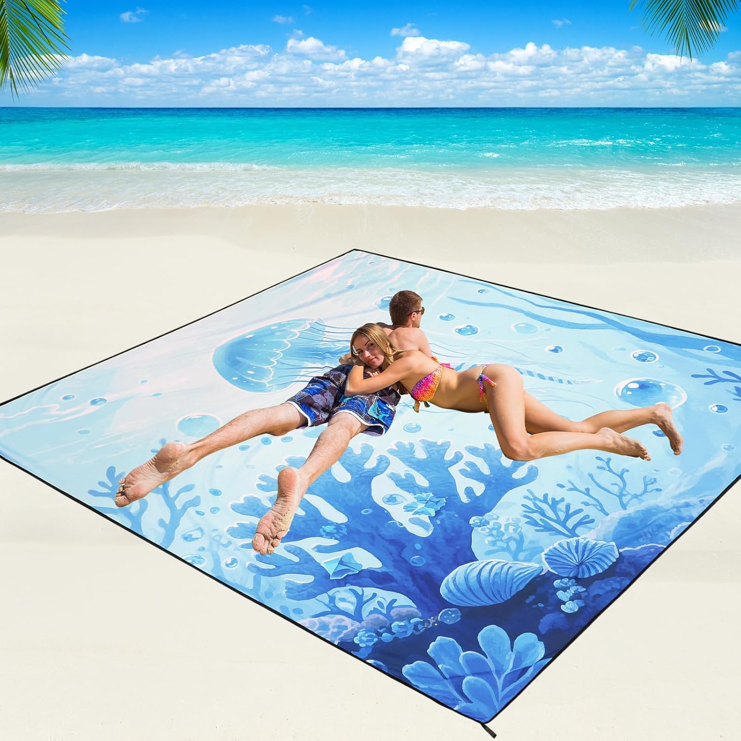 WIWIGO Beach Blanket Waterproof Sandproof Beach Mat 79" X 83"\/10'x9'for 2-8 Adults Quick Drying Outdoor Picnic Mat Beach Accessories for Travel, Camping, Hiking