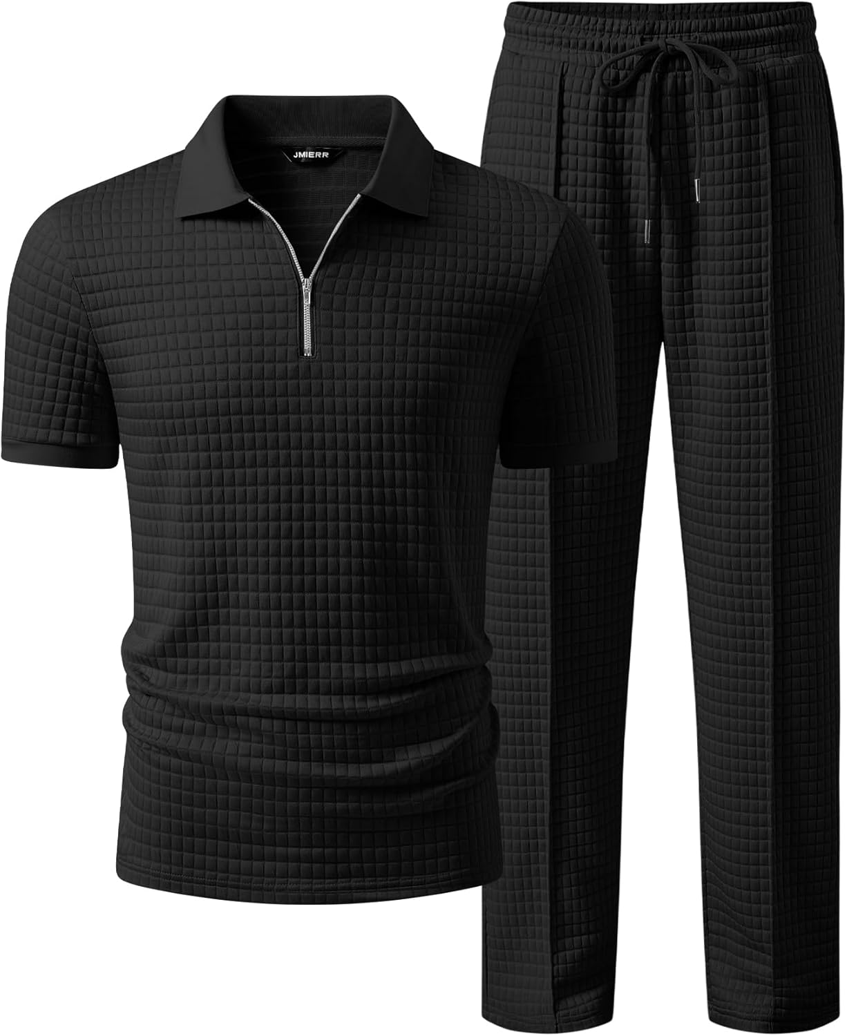 JMIERR Mens Summer Outfits 2 Piece Short Sets Beach Waffle 1\/4 Zip Polo Shirts Casual Loose Pant Loungewear