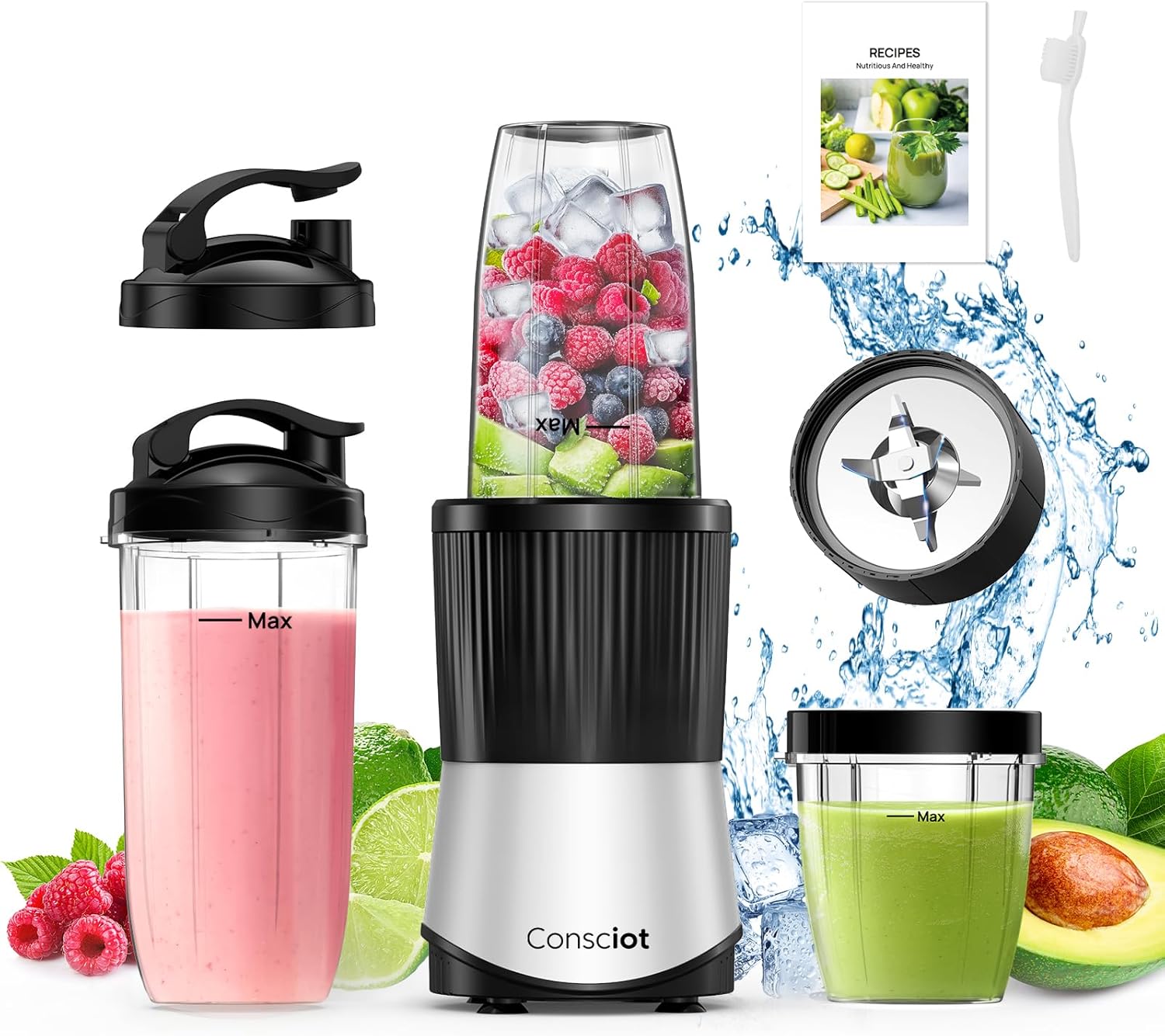 Consciot CB08 11-Piece Blender for Kitchen and Personal Size, Blend Shakes and Smoothies, Frozen Drinks, Baby Food, Spreads &amp; More, 3 Portable To-Go Cups &amp; 2 Spout Lids &amp; 1 Solid Lid, 900 