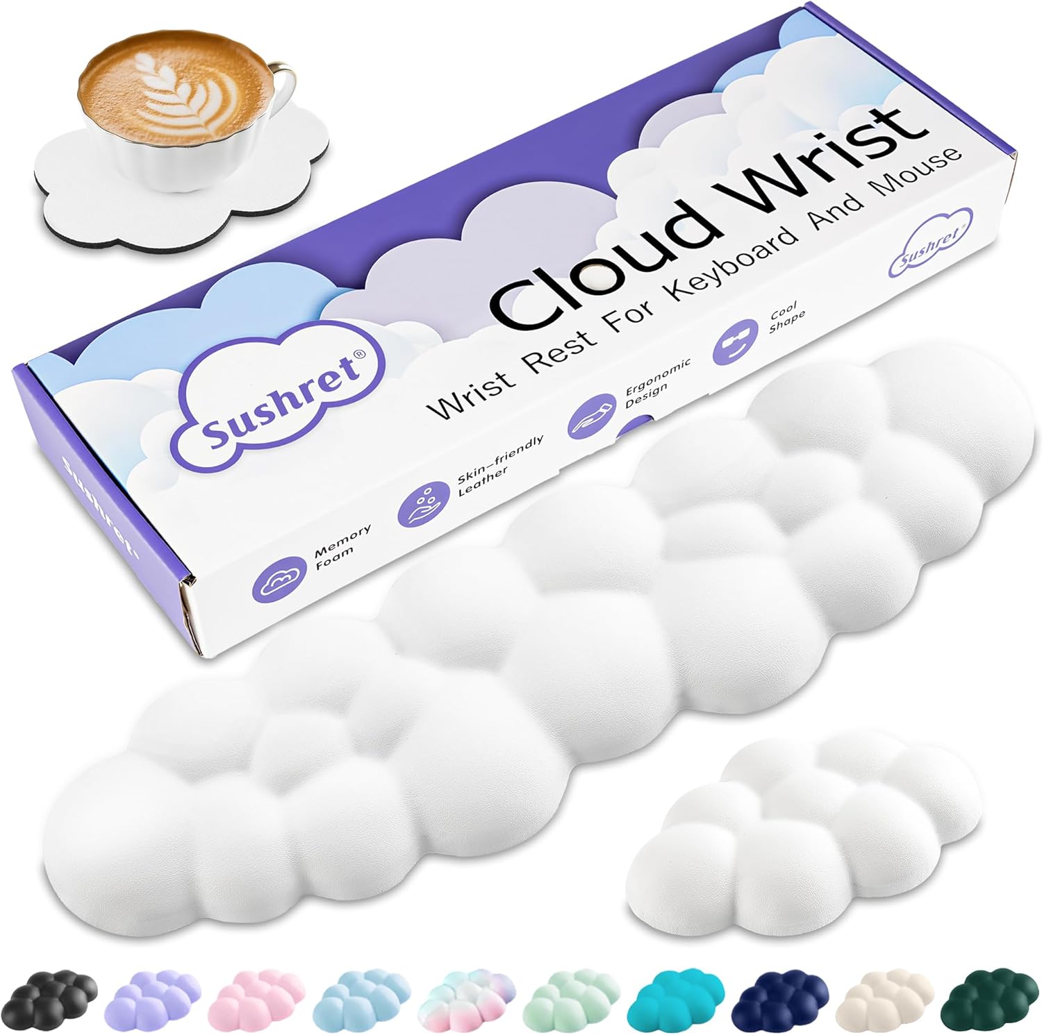 Sushret Cloud Wrist Rest Keyboard, Cloud Keyboard Wrist Pad Set with PU Leather Memory Foam, Cute Arm Rest for Palm Support, PC\/Gaming Desk Accessories\/Office Setup\/Computer Hand Cushion - White