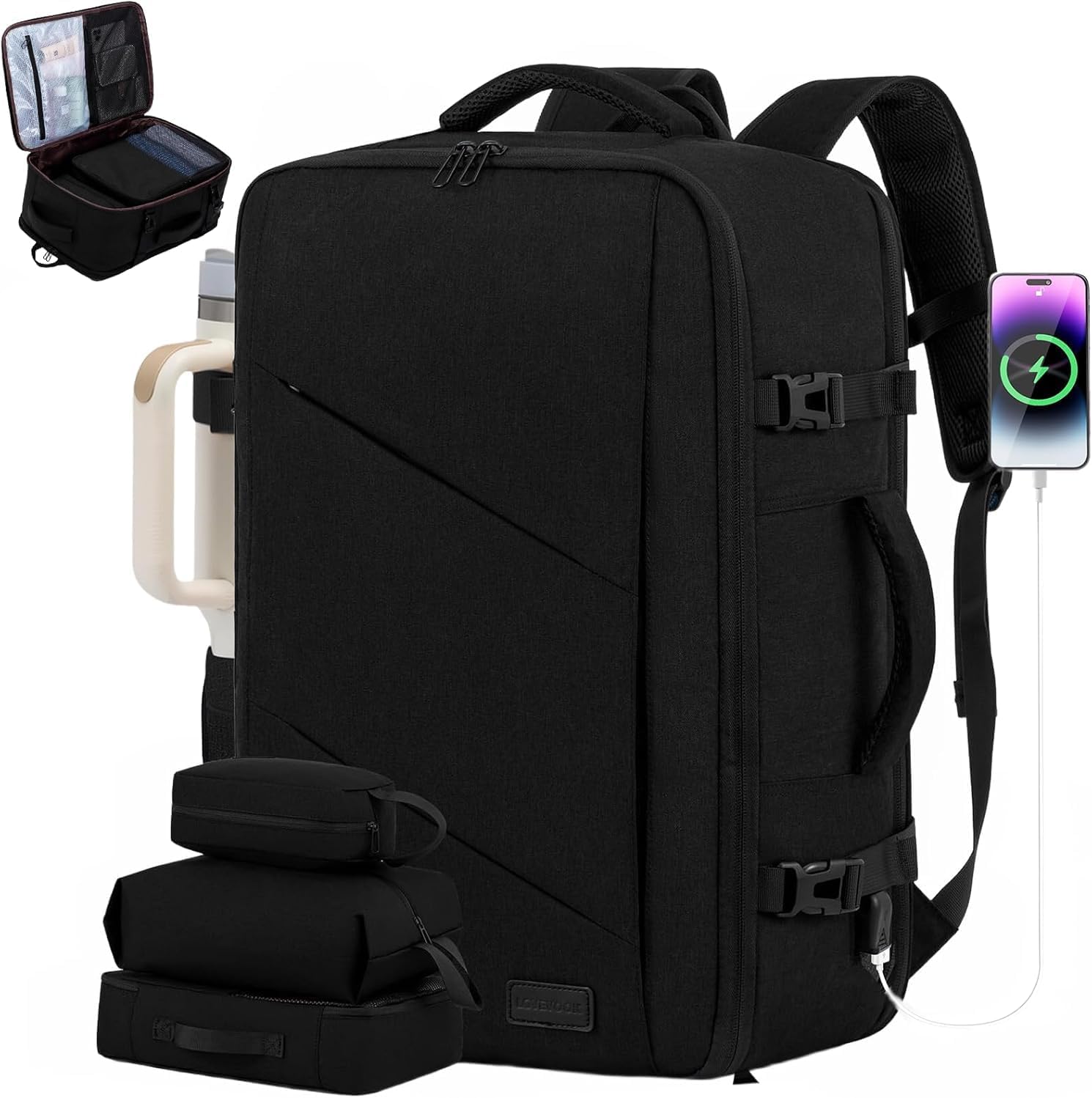 LOVEVOOK Travel Carry on Backpack, Large 40L Personal Item Travel Bag for Men &amp; Women Flight Approved with 3 Packing Cubes, Suitcase Water Resistant Luggage Daypack Business Weekender Bag, Black