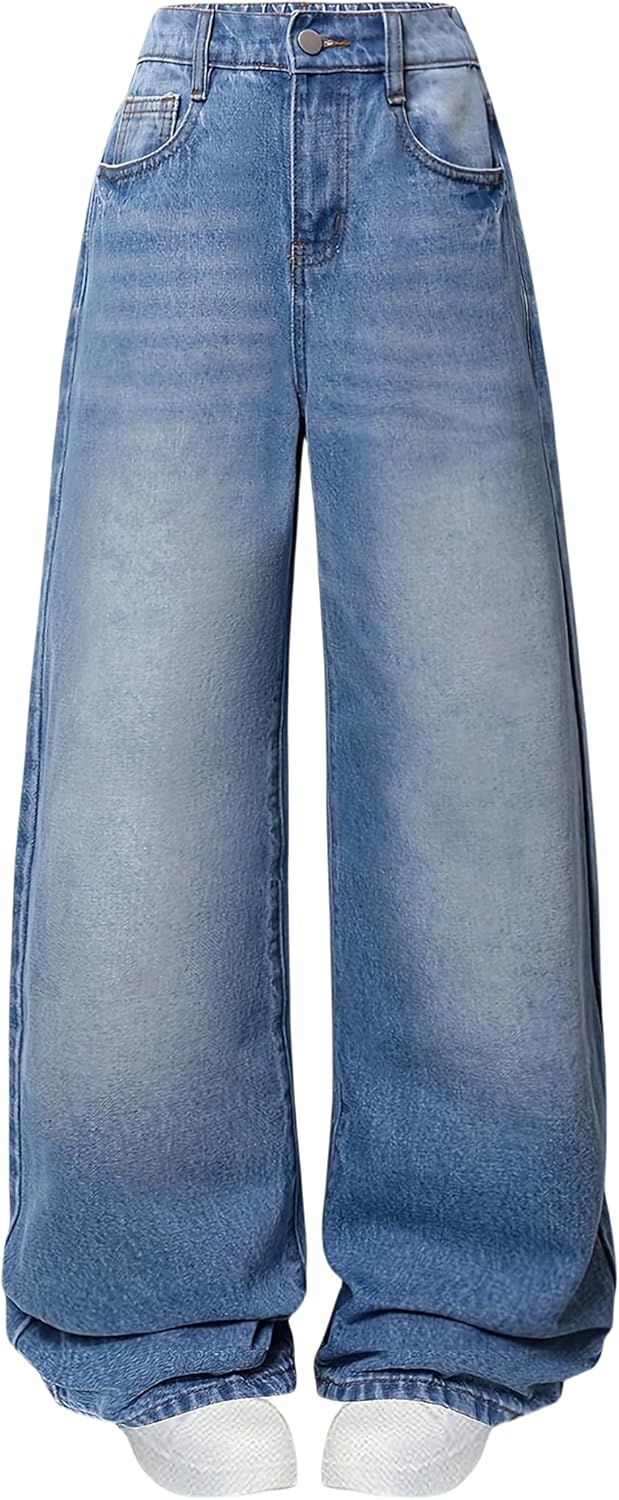 Fulihug Jeans for Girls Baggy Wide Leg Cute Bow High Elastic Waisted Denim Pants Y2K Boyfriend Skater Streetwear 7-14Y