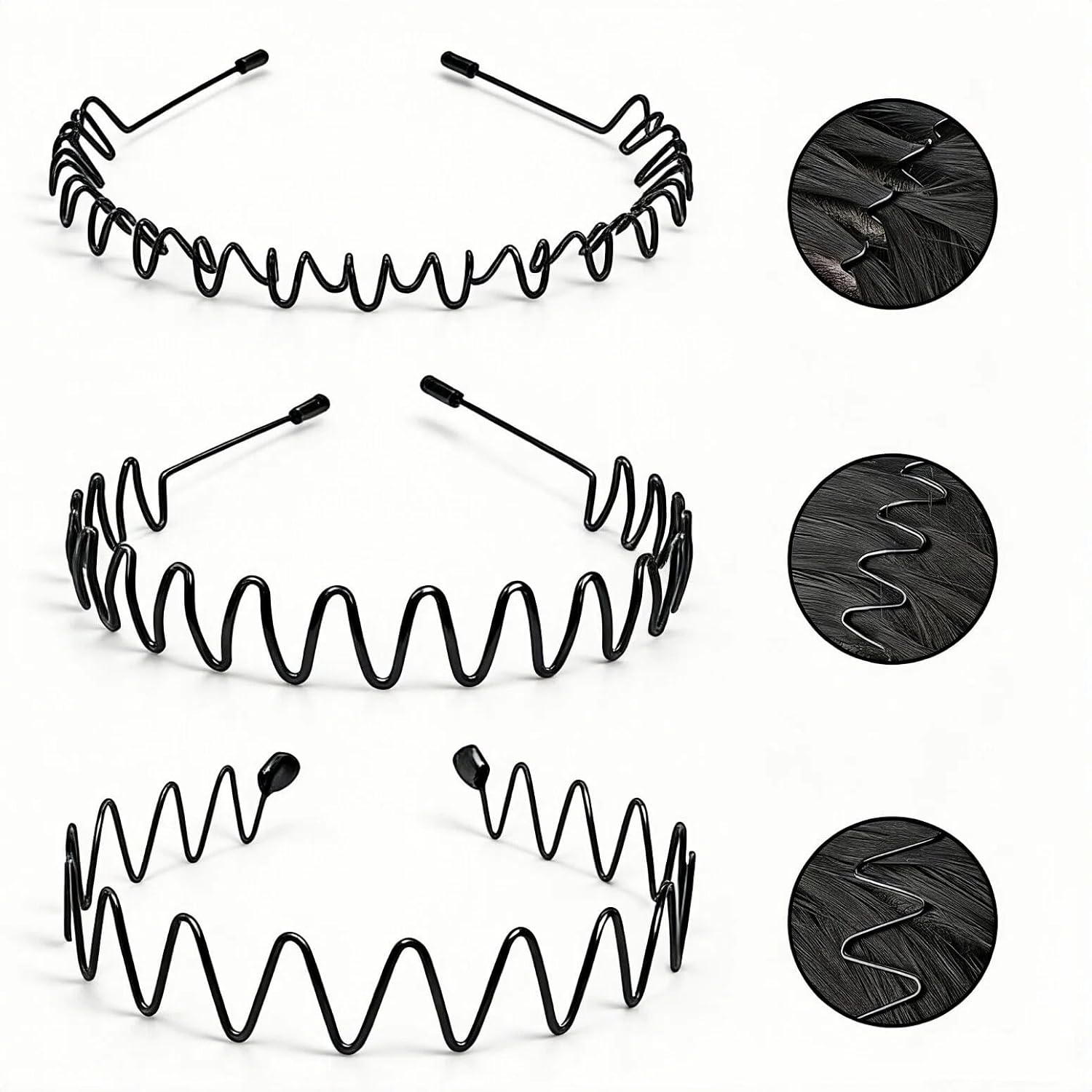 KELUBATU Metal Headbands for Men, Fashion Unisex Wavy Hair Bands, Elastic Zigzag Hairbands Perfect for Outdoor Sports, Daily Styling (3 Pack)
