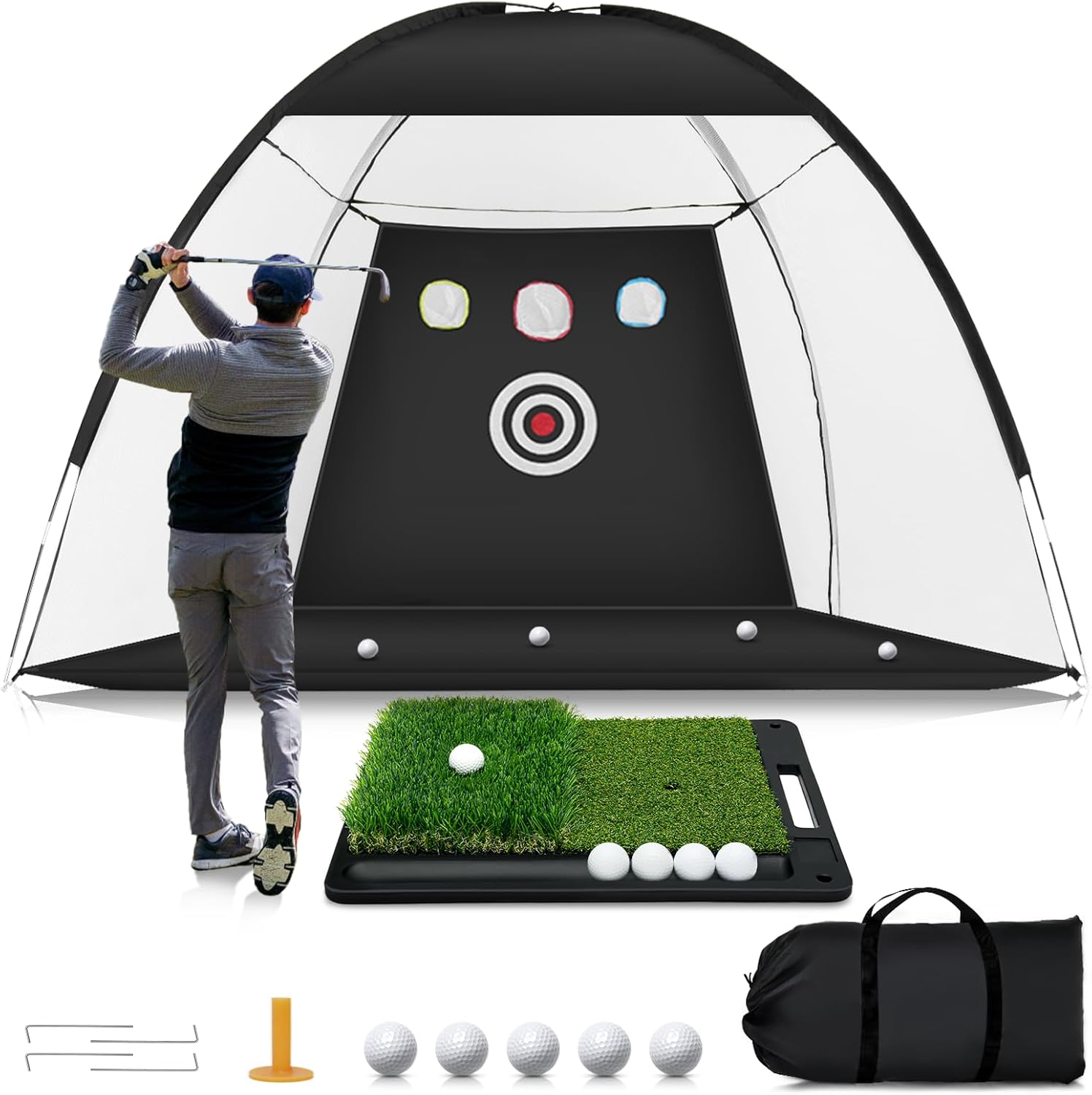 Golf Net: 10 x 7FT Practice Net with Mat for Chipping, Swing, Driving Practice, Nets for Backyard, Indoor &amp; Outdoor Use, Ideal Golf Accessories Gifts for Men, Women, dad, Husbands, and Golfers.