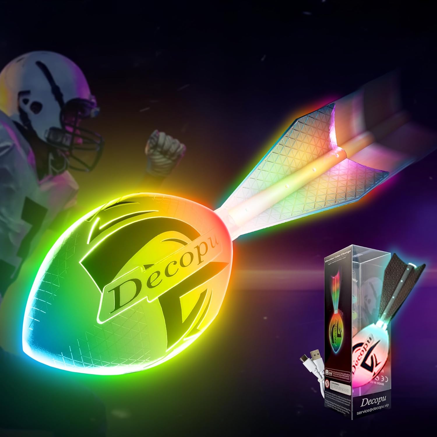 KASTUMBGA Rechargeable Glow in The Dark Light Up Football-7RGB Color Changing LED, Impact-Responsive, Durable Foam (No Pump), Perfect for Beach\/Park\/Backyard, Birthday Gift for Boys 6-15 Years Old