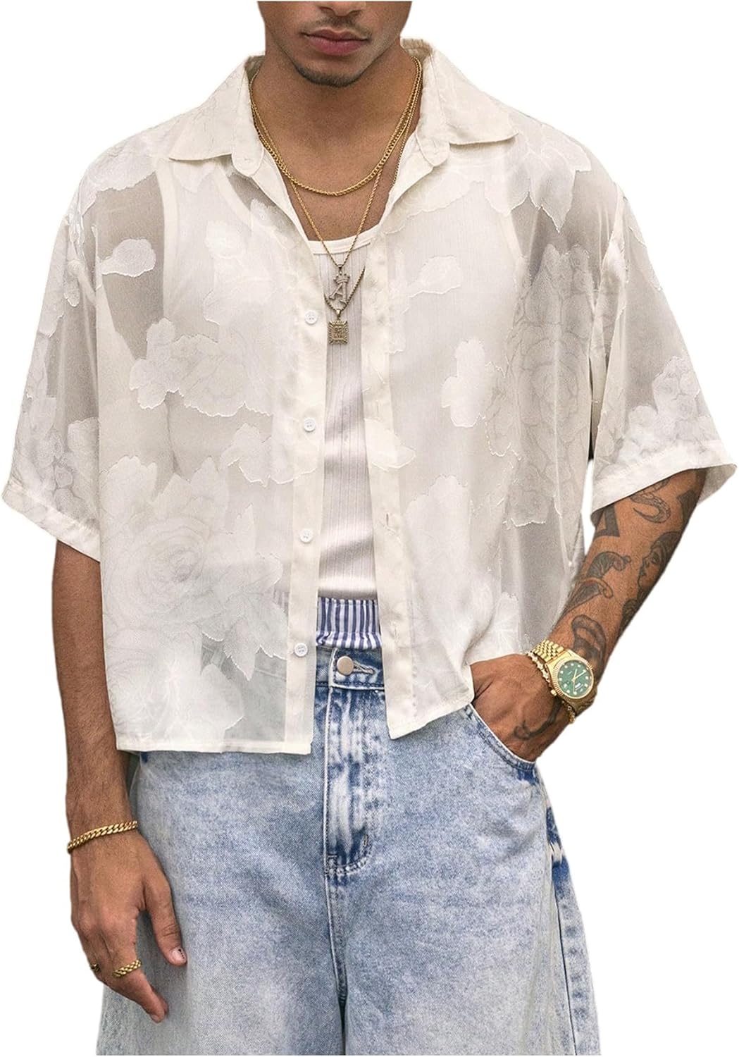 BEAUDRM Men's Boho Floral Button Down Shirt Short Sleeve Textured Summer Crop Top Streetwear Country Concert 70s Outfits