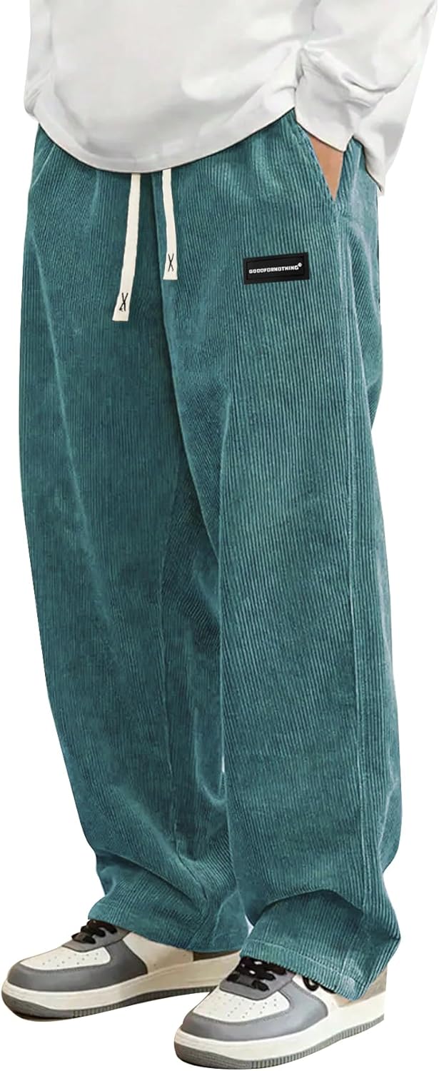 Hidkat Mens Corduroy Casual Pants Fashion Loose Fit Wide Leg Pants Straight Sweatpants Elastic Waist Drawstring