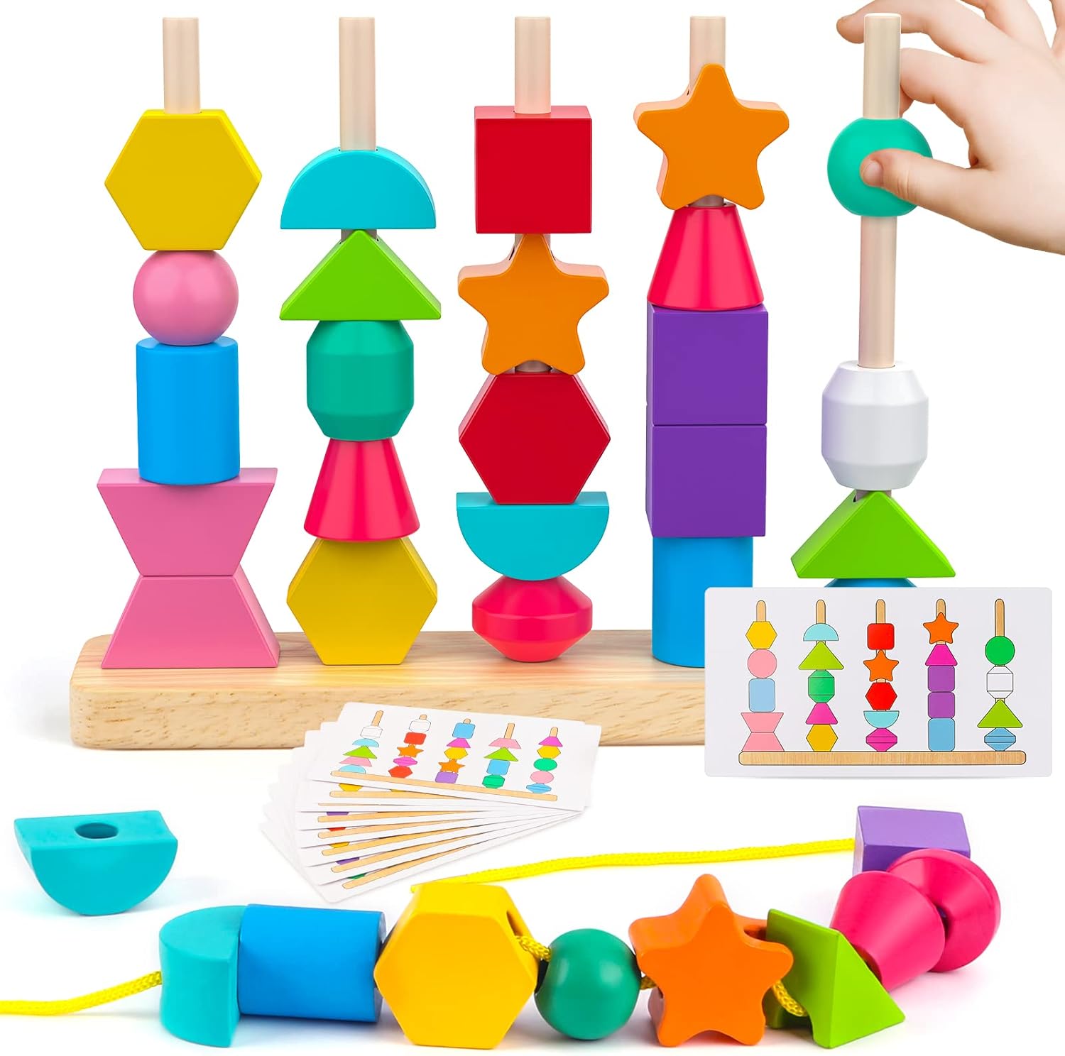 Montessori Wooden Beads Sequencing Toy Set, Stacking Blocks &amp; Lacing Beads &amp; Matching Shape Stacker, Montessori Toys for 3 4 5 Year Old STEM Preschool Learning Toys Gifts for Kids Boy Girl Tod