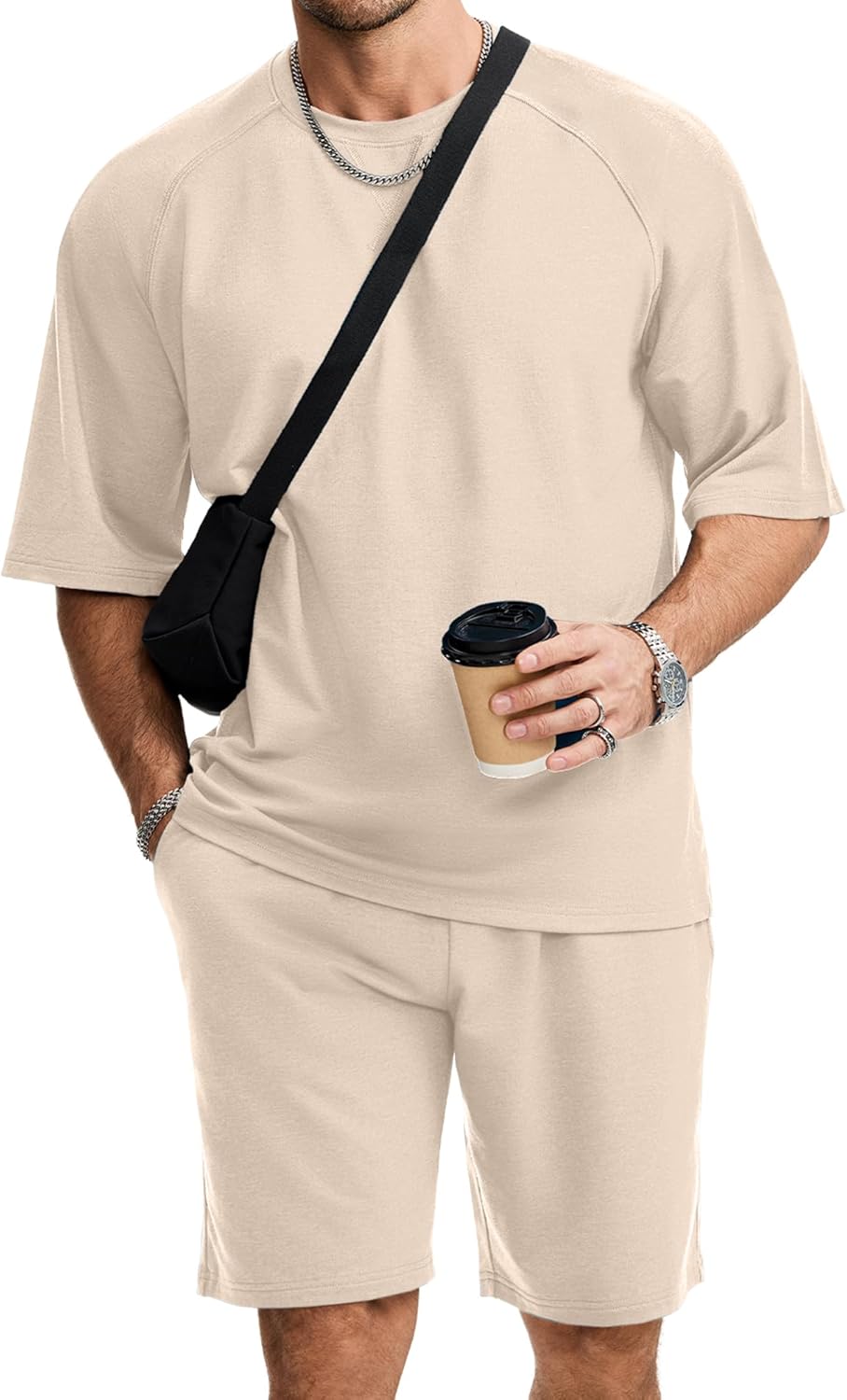 JMIERR Mens Casual Oversized Short Sets 2 Piece Summer Outfits Raglan Sleeve T-shirts &amp; Shorts Tracksuit