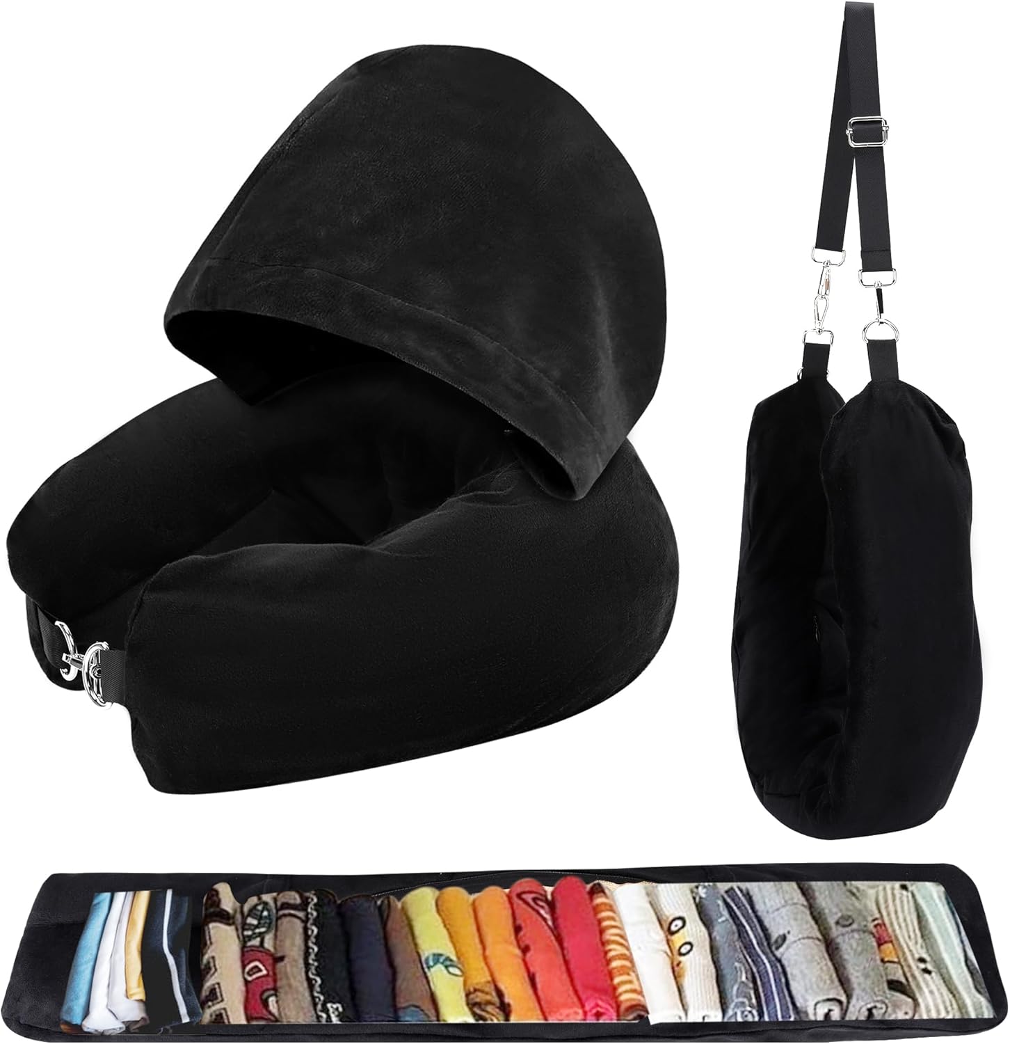 Lulttihy Stuffable Travel Neck Pillow with Hood, Soft Velvet Pillow Stuffable with Clothes, Adjustable Neck Size, Multifunctional Fillable Airplane Travel Neck Pillow for Extra Luggage