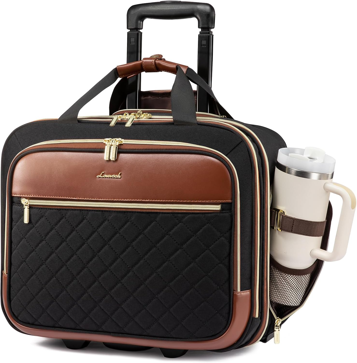 LOVEVOOK Rolling Laptop Bag Women, 17.3 Inch Laptop Briefcase with Wheels, Soft Sided Underseat Carry On Luggage Personal Item Suitcase for Work Travel Business, Black Brown