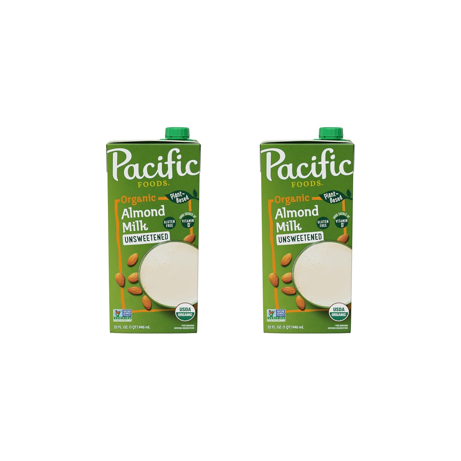 Pacific Foods Organic Unsweetened Almond Milk, Plant Based Milk, 32 oz Carton (Pack of 2)