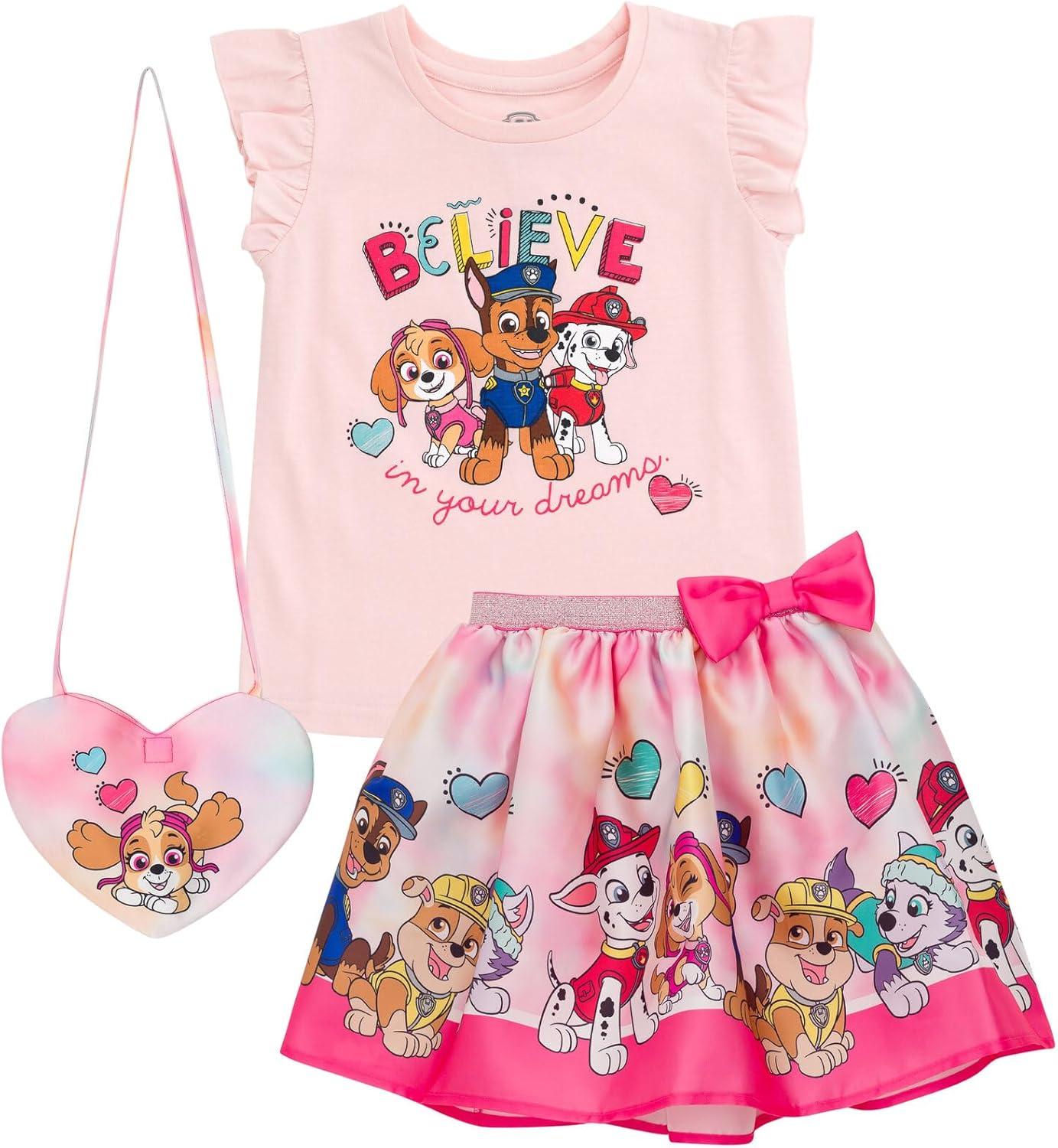 Paw Patrol Girls Tank Top Skirt and Bag 3 Piece Outfit Set Toddler to Big Kid Sizes (2T - 10-12)
