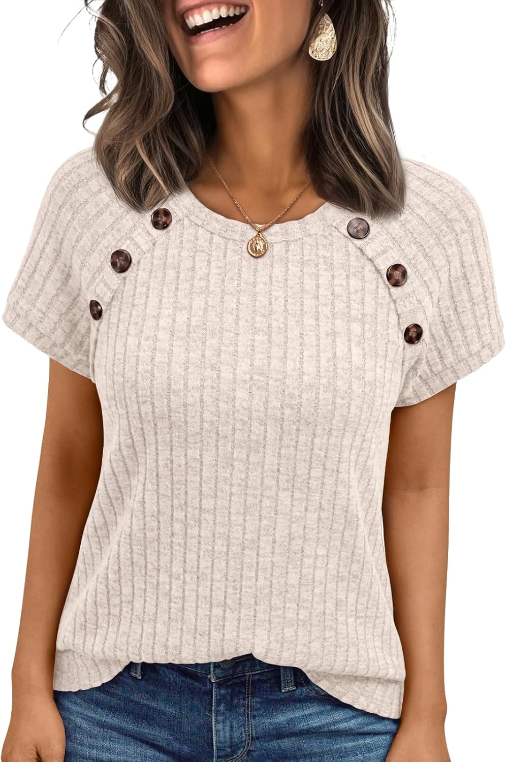 AUTOMET Women's Short Sleeve Decorative Buttons Shirts Business Casual Tops