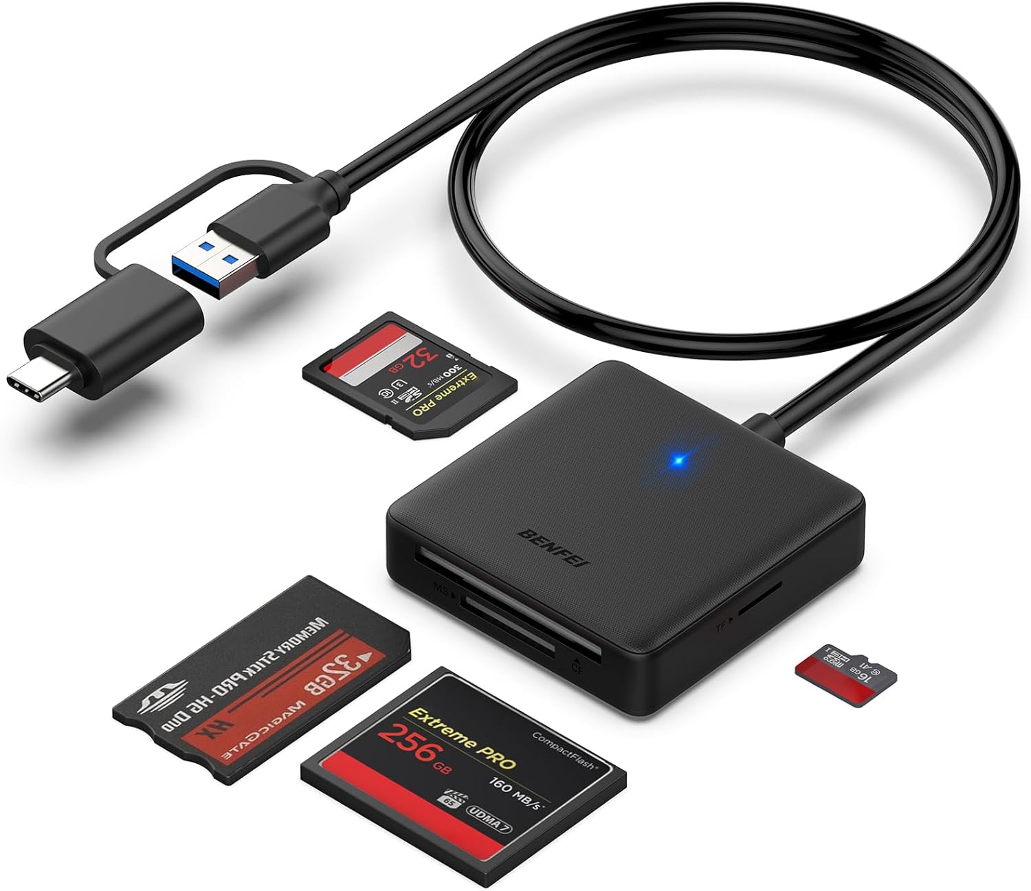 Memory Card Reader, BENFEI 4in1 USB 3.0 and USB-C to SD Micro SD MS CF Card Reader Adapter, 4 Cards Simultaneously Read and Write, Compatible with iPhone 15 Series, MacBook Pro\/Air 2023, and More