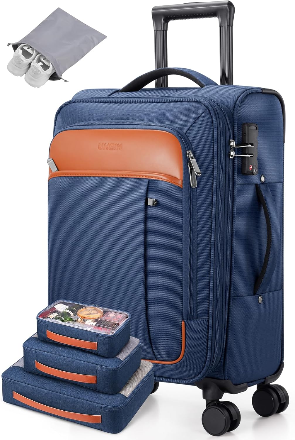 UKEIN Softside Expandable Carry On Luggage 22x14x9 Airline Approved, 20 Inch Suitcase with Wheels &amp; TSA Lock, Travel Suitcase with 4-Piece Packing Bags for Women Men