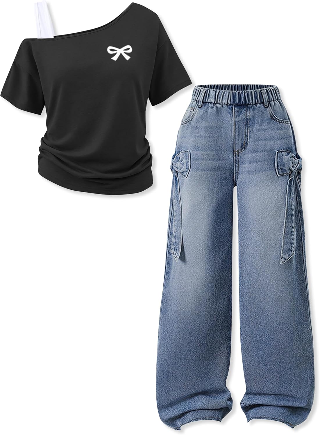 Kxuryueo Teen Girl Clothes One Shoulder Top and Wide Leg Stretch Jeans 2 Piece Casual Outfits Size 7-16