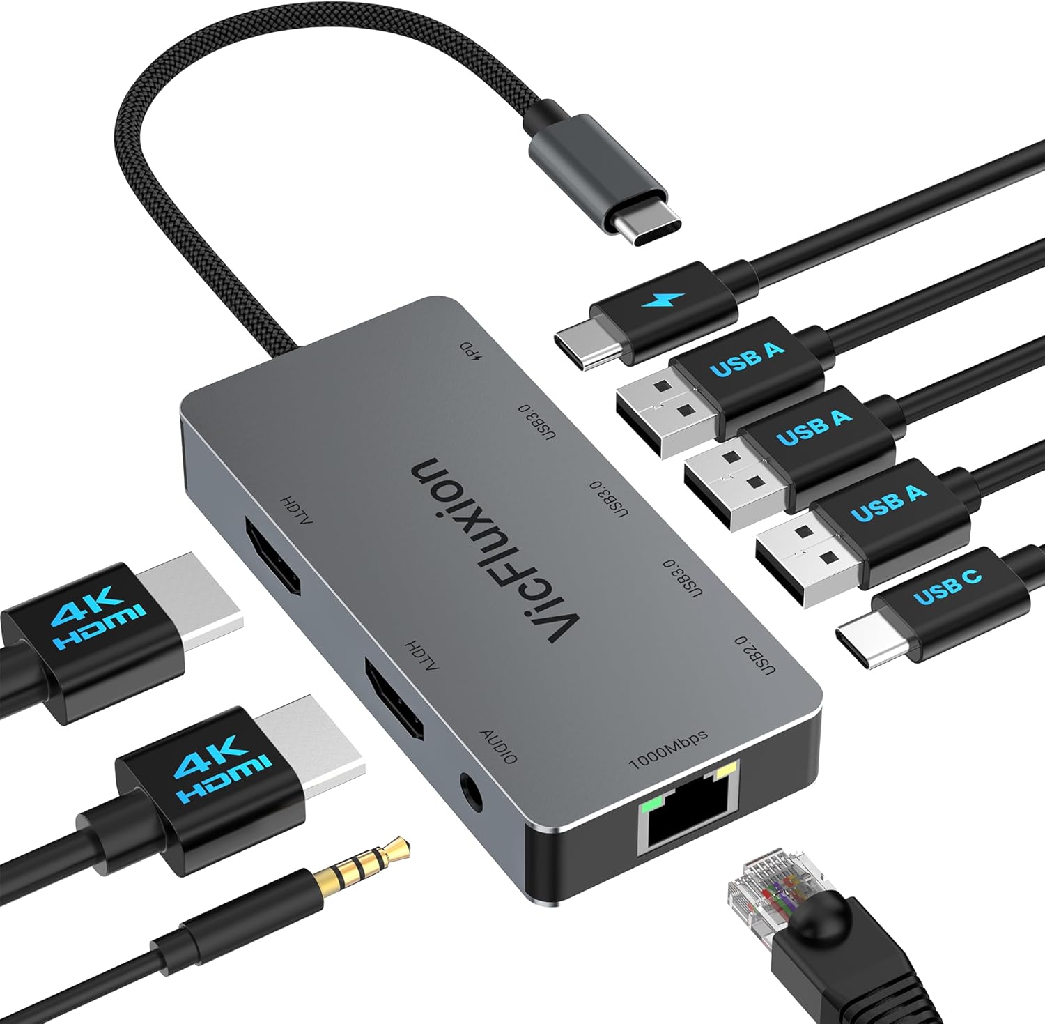 USB C Docking Station Dual Monitor, 9-in-1 USB Hub with 2 HDMI 4K@60HZ, 1×1000Mbps Ethernet, 3× USB 3.0, 1× Type C, 1× PD Charging, 1×3.5mm Audio, Dock for Laptop\/Computer\/Tablets\/Windows