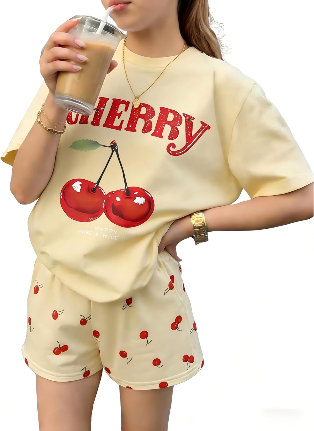 KIDLAGA Girls Two Piece Sets Cherry Pattern Short Sleeve Shirts and Shorts Set With Pockets Girls Summer Outfits Size 7-14